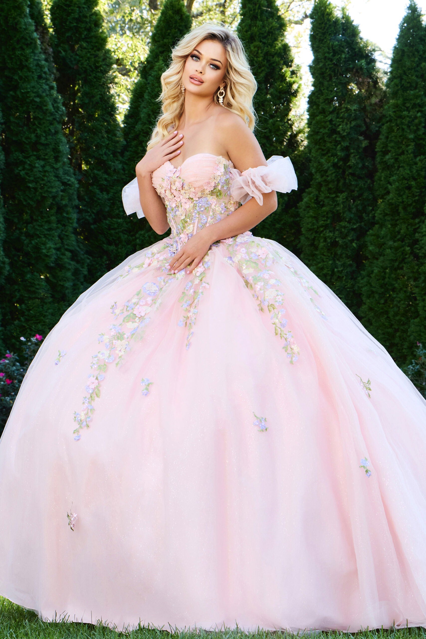 Quinceniera Dresses Ball Gown Corset 3D Floral Applique Long Quinceanera Dress Jovani Q43231 Pink/Multi