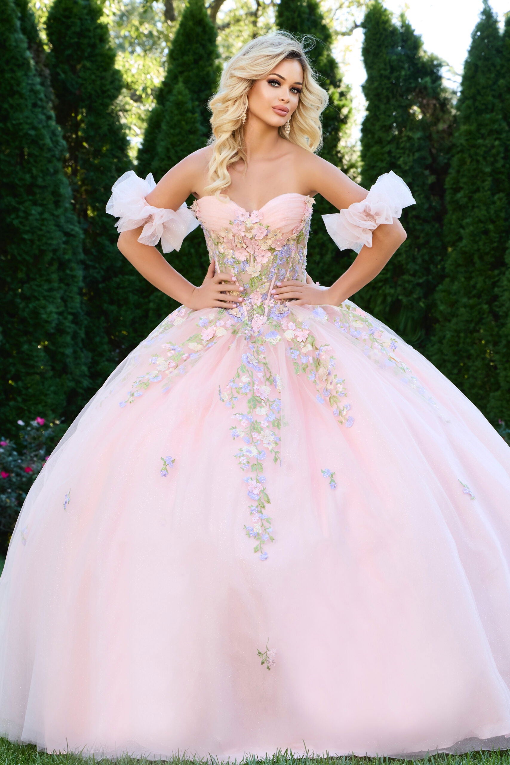 Quinceniera Dresses Ball Gown Corset 3D Floral Applique Long Quinceanera Dress Jovani Q43231 Pink/Multi