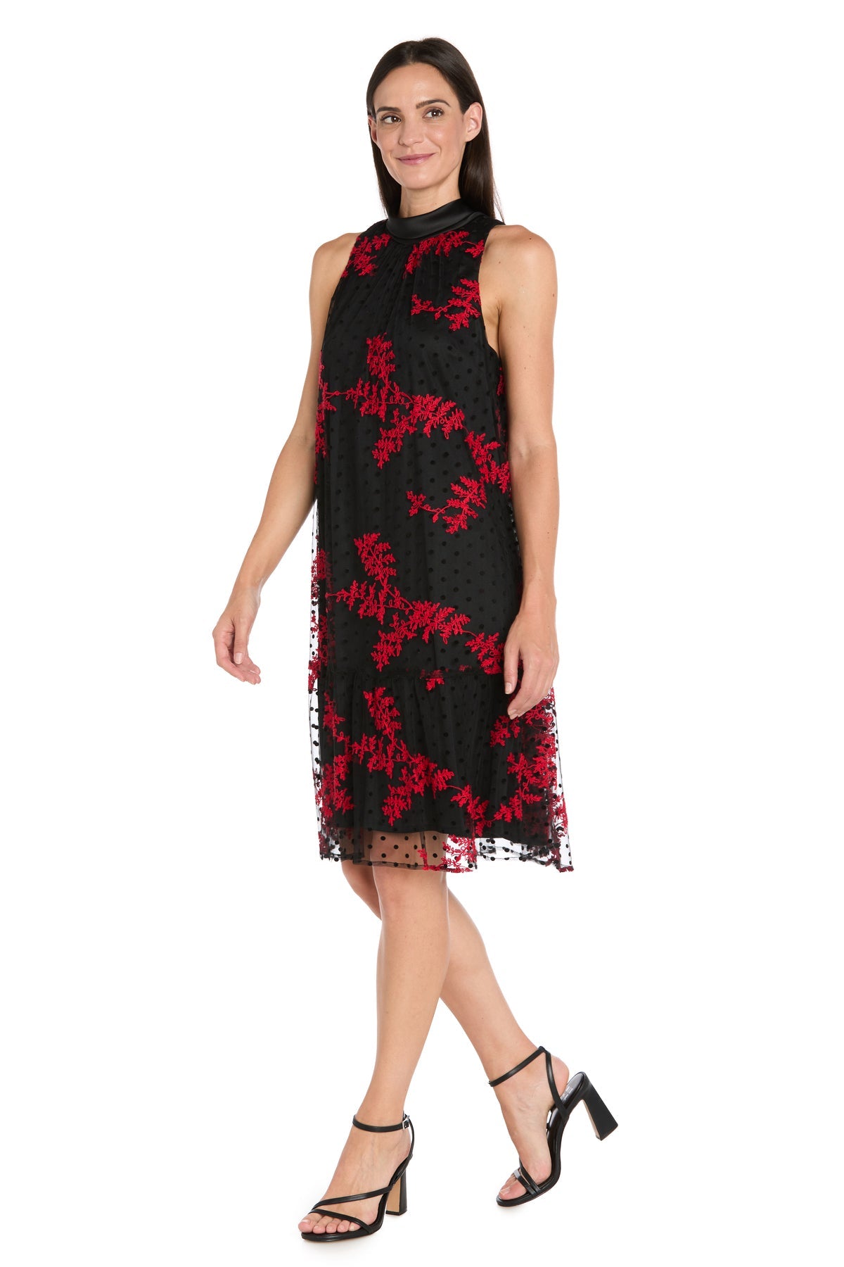 Mock Neck Knee-Length Floral Cocktail Dress by R&M Richards 4328 in Black/Red
