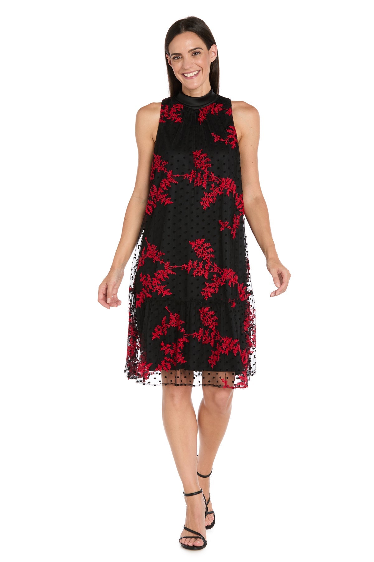 Mock Neck Knee-Length Floral Cocktail Dress by R&M Richards 4328 in Black/Red