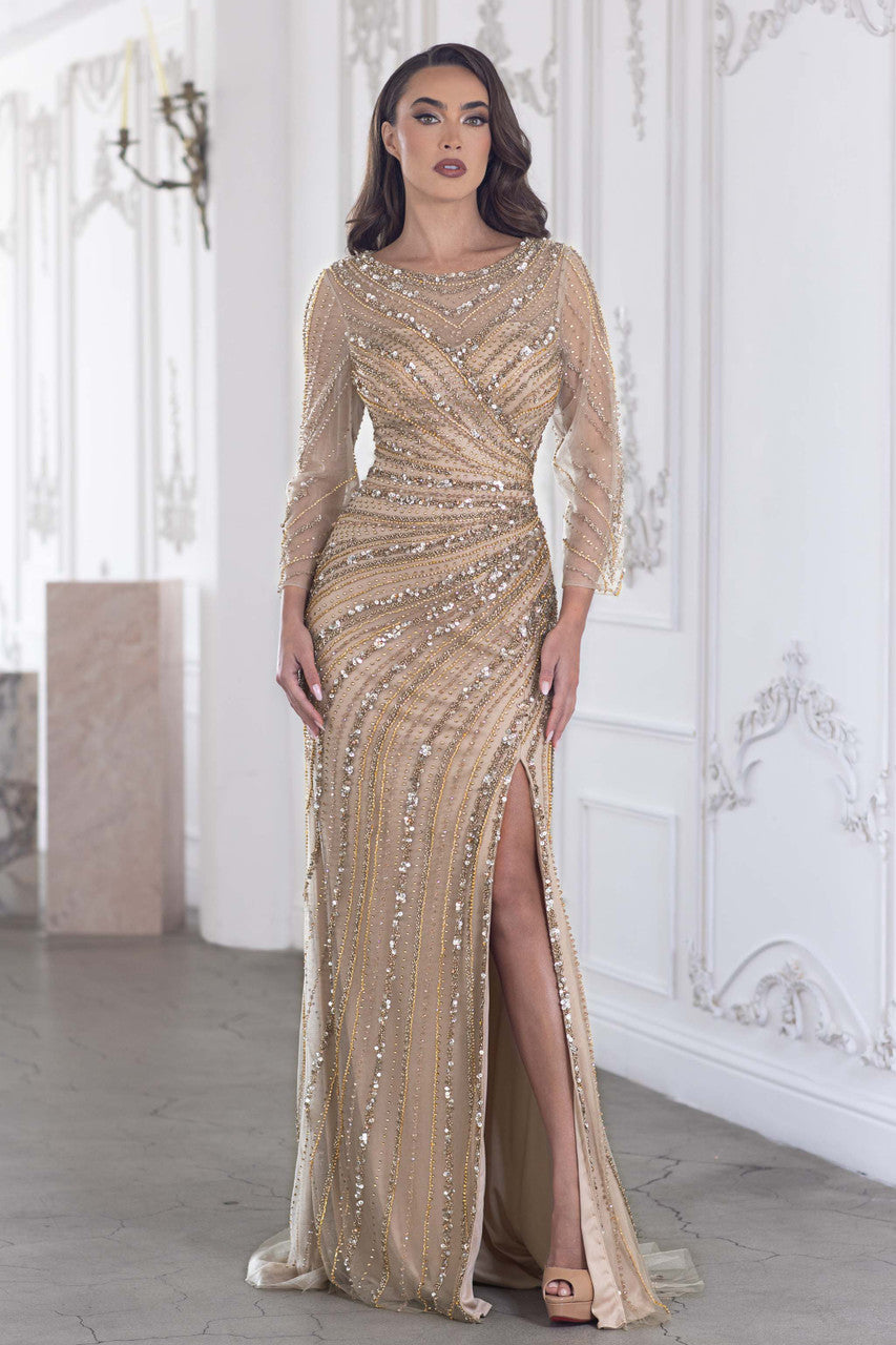 Mother of the Bride Dresses Long Formal Mother of the Bride Beaded Long Sleeve Dress Lenovia 8383 Gold