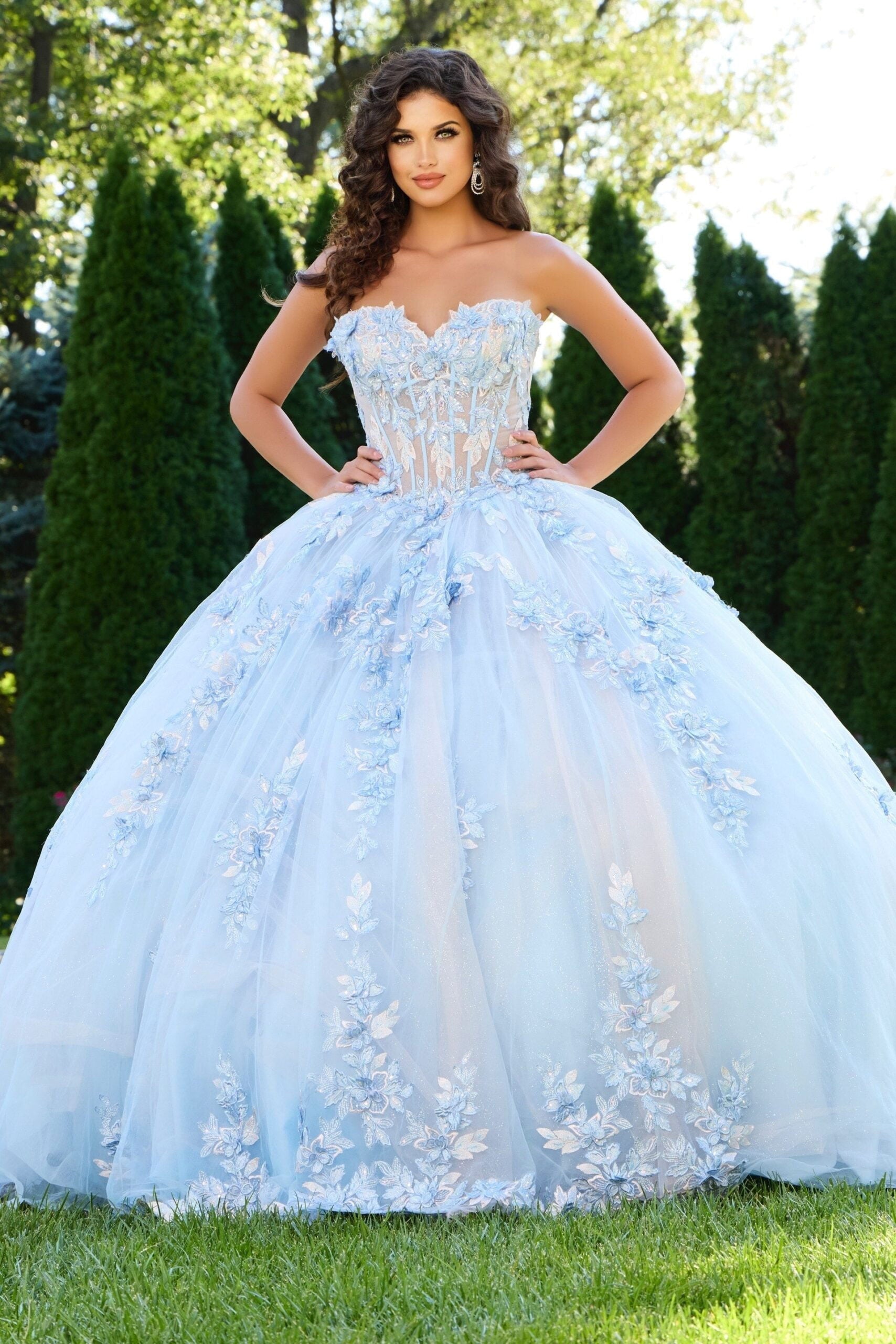 Quinceniera Dresses Floral Applique Ball Gown Corset Long Lace Quinceanera Dress Jovani Q43433 Light Blue