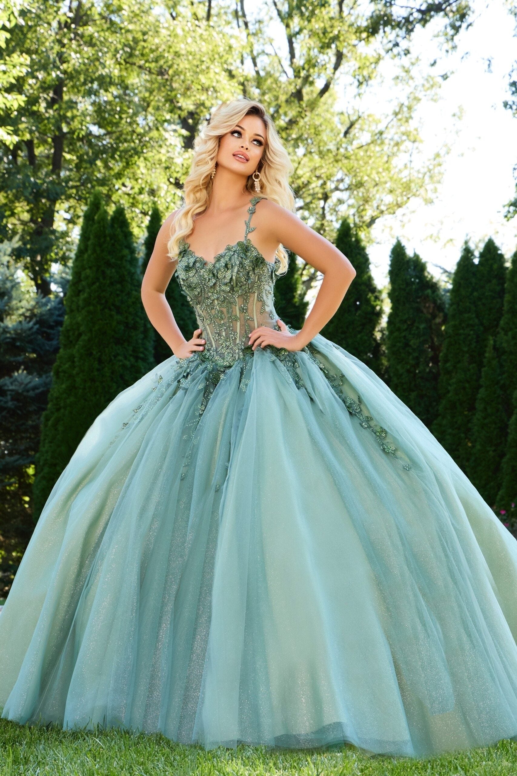 Jovani 43437 Long Ball Gown Floral Appliques Quinceanera Dress - Sage / 4 Jovani 43437 Long Ball Gown Floral Appliques Quinceanera Dress - Sage / 4