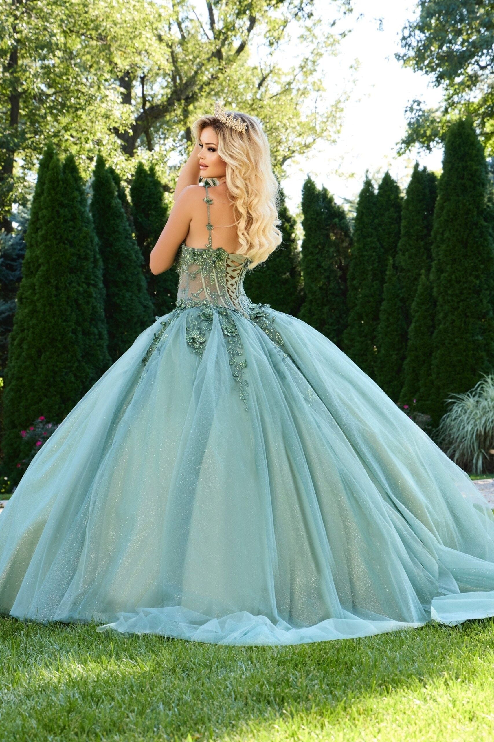 Quinceniera Dresses Lace Beaded Corset Long Ball Gown Floral Quinceanera Dress Jovani Q43437 Sage