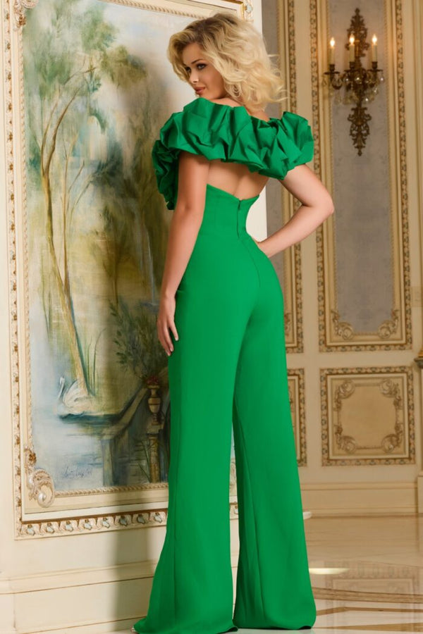 Jumpsuit Long Formal Ruffled Evening Jumpsuit Emerald