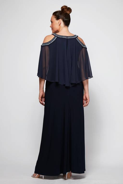 Cold Shoulder Popover Jersey and Chiffon Gown with Beaded Neckline Alex Evenings 4351319