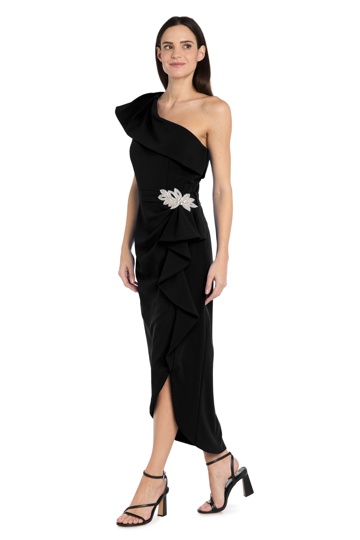 One-Shoulder Midi Crepe Evening Sheath R&M Richards 4353
