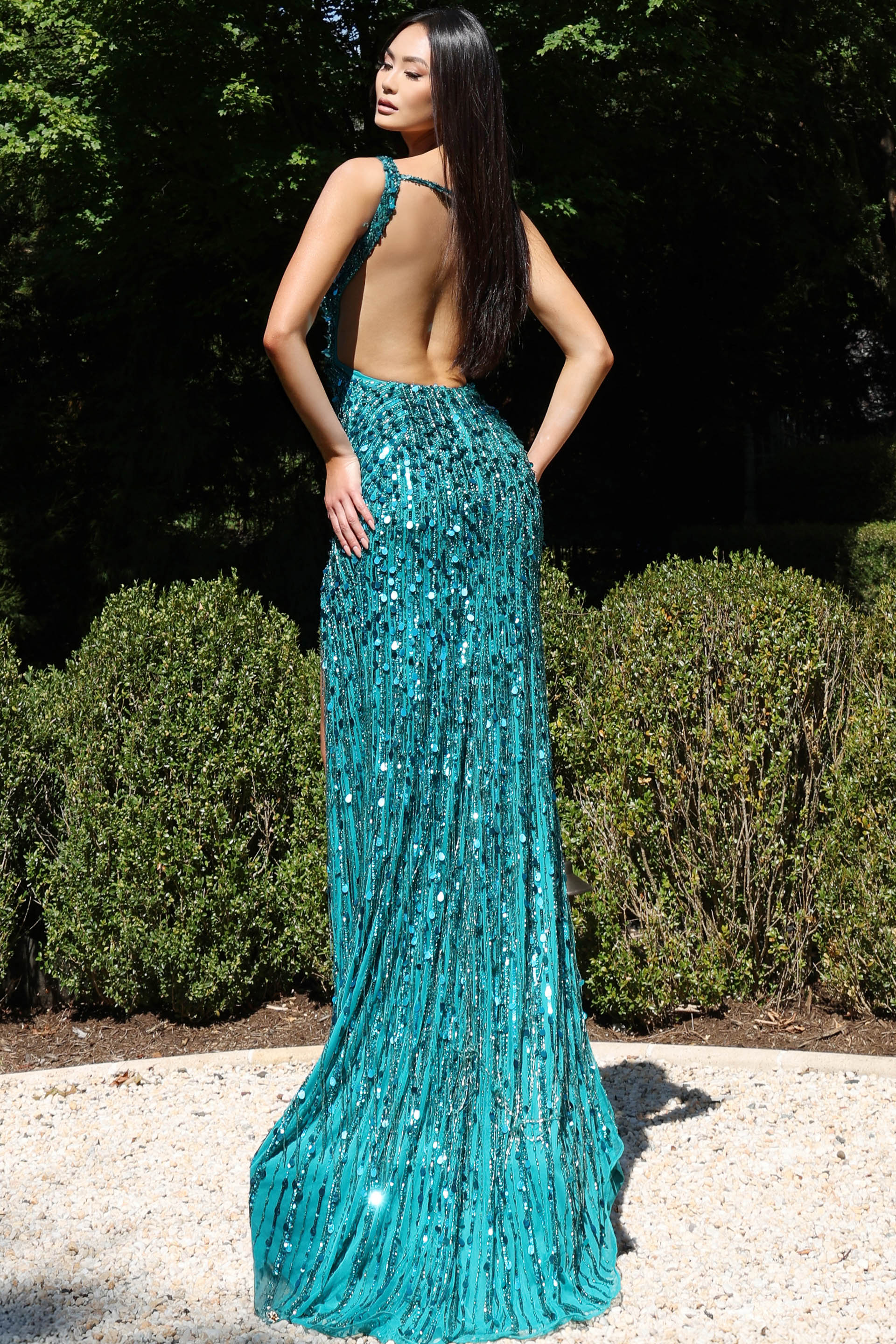 Prom Dresses Sequin Long High Slit Open Back Formal Prom Dress Teal