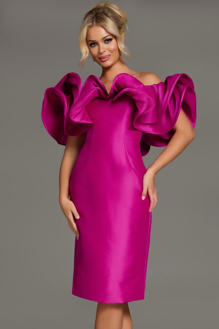 Jovani 43758 Ruffled Off Shoulder Dress | Elegant Homecoming Style Fuchsia / 4 Jovani 43758 Ruffled Off Shoulder Dress | Elegant Homecoming Style Fuchsia / 4