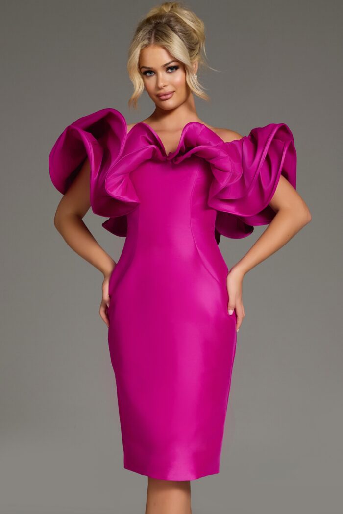 Jovani 43758 Ruffled Off Shoulder Dress | Elegant Homecoming Style Fuchsia / 4 Jovani 43758 Ruffled Off Shoulder Dress | Elegant Homecoming Style Fuchsia / 4