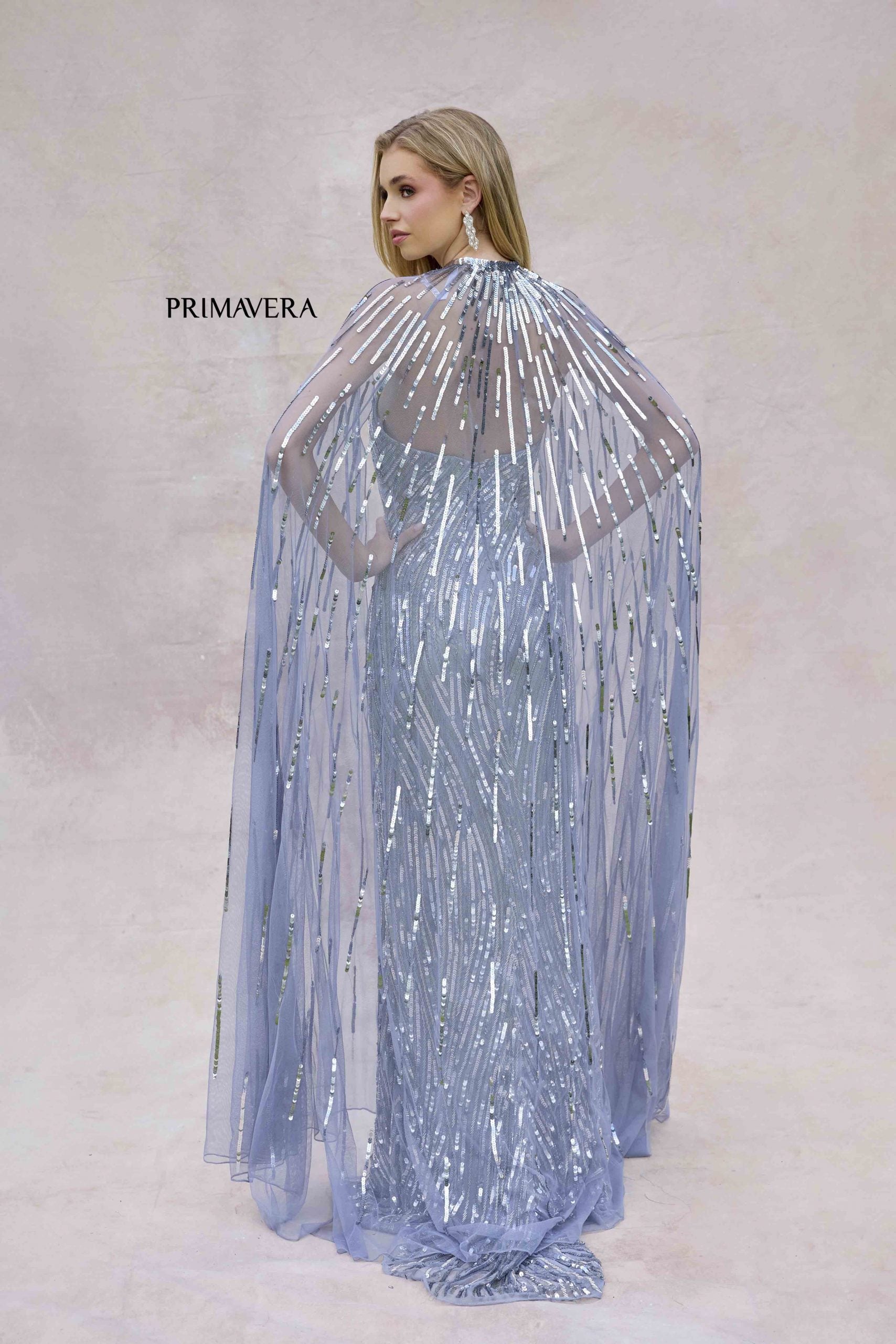 Primavera Couture 4376 Long Sequin Formal Long Cape Prom Dress