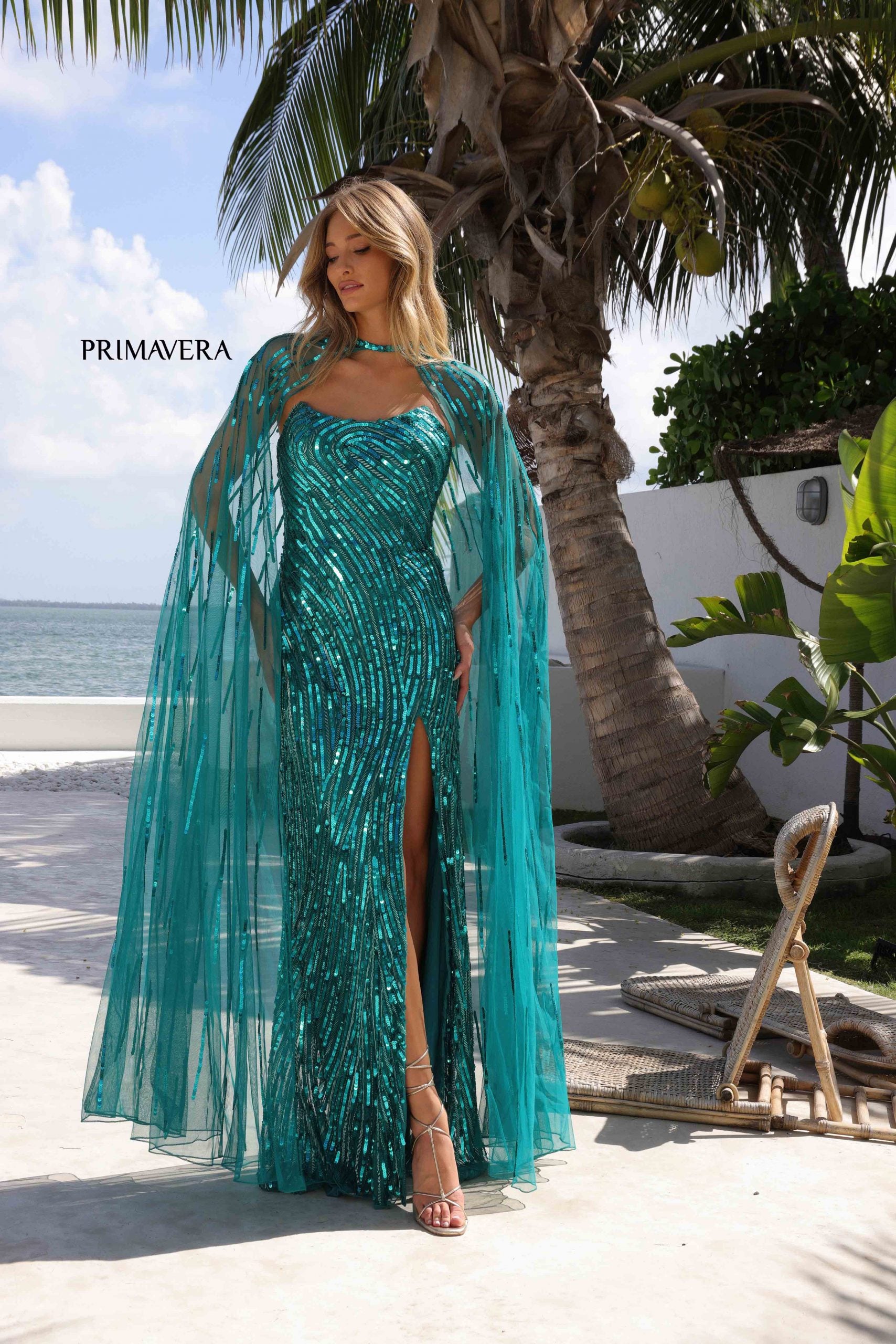 Primavera Couture 4376 Long Sequin Formal Long Cape Prom Dress