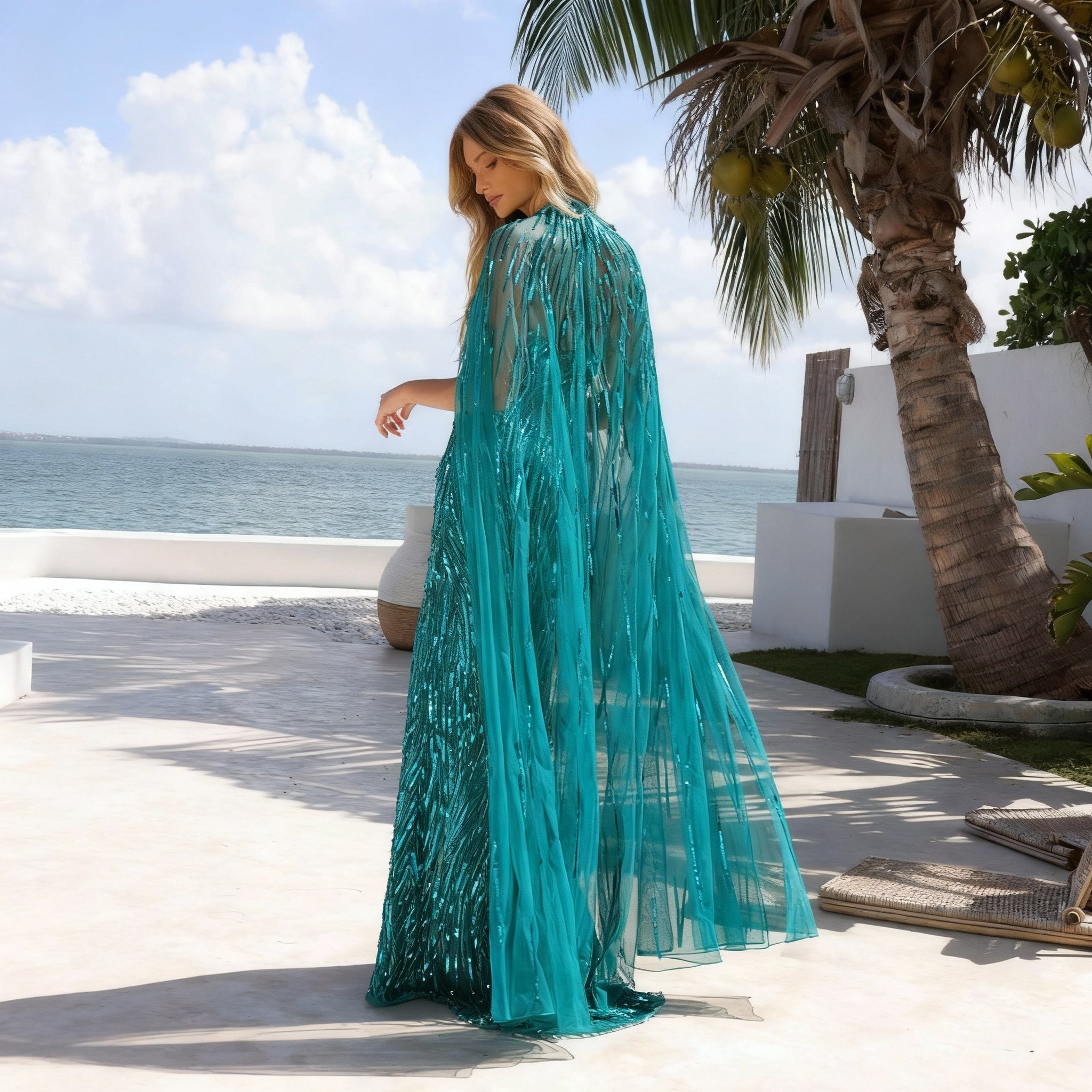 Prom Dresses Long Sequin Formal Long Cape Prom Dress Teal