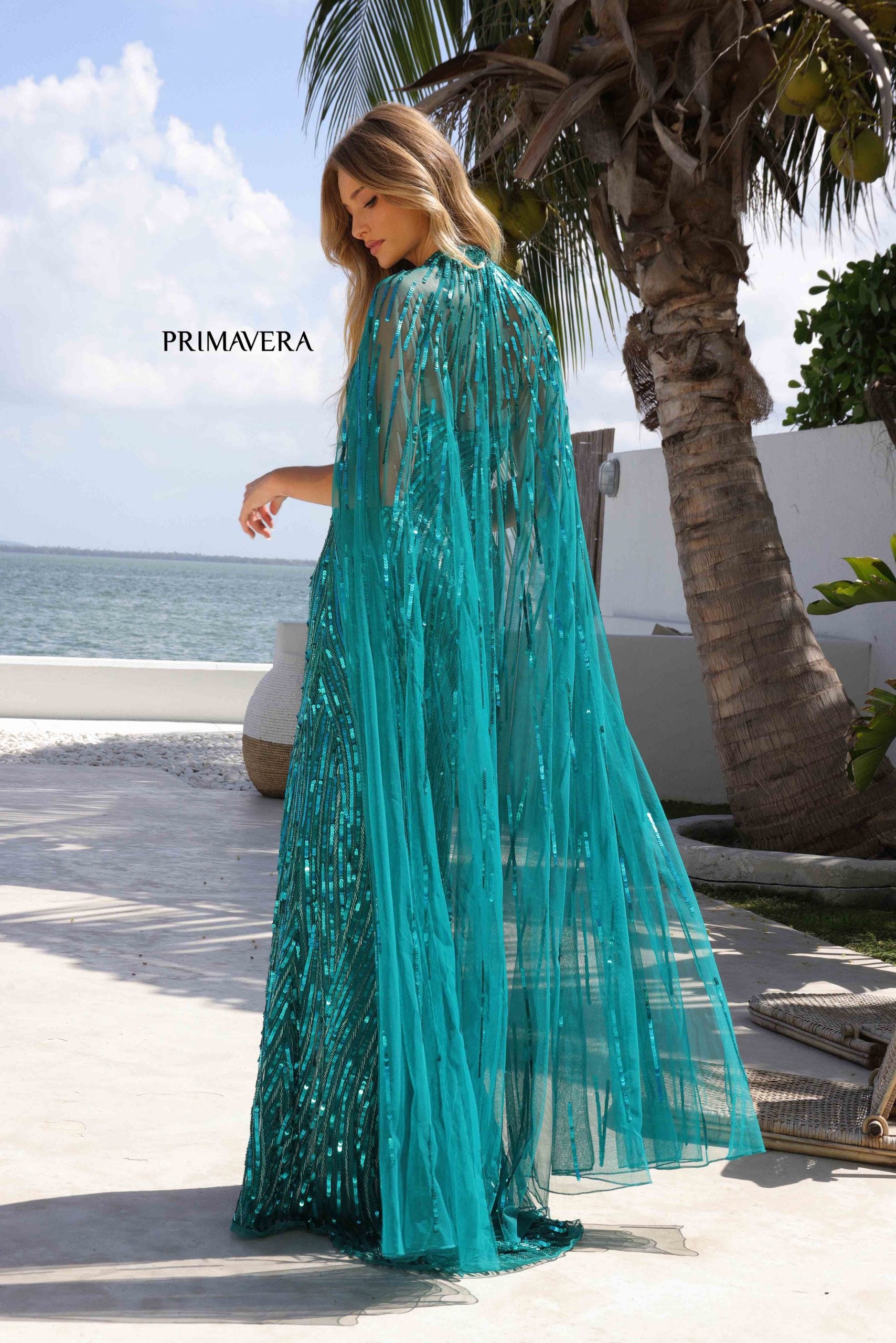 Primavera Couture 4376 Long Sequin Formal Long Cape Prom Dress