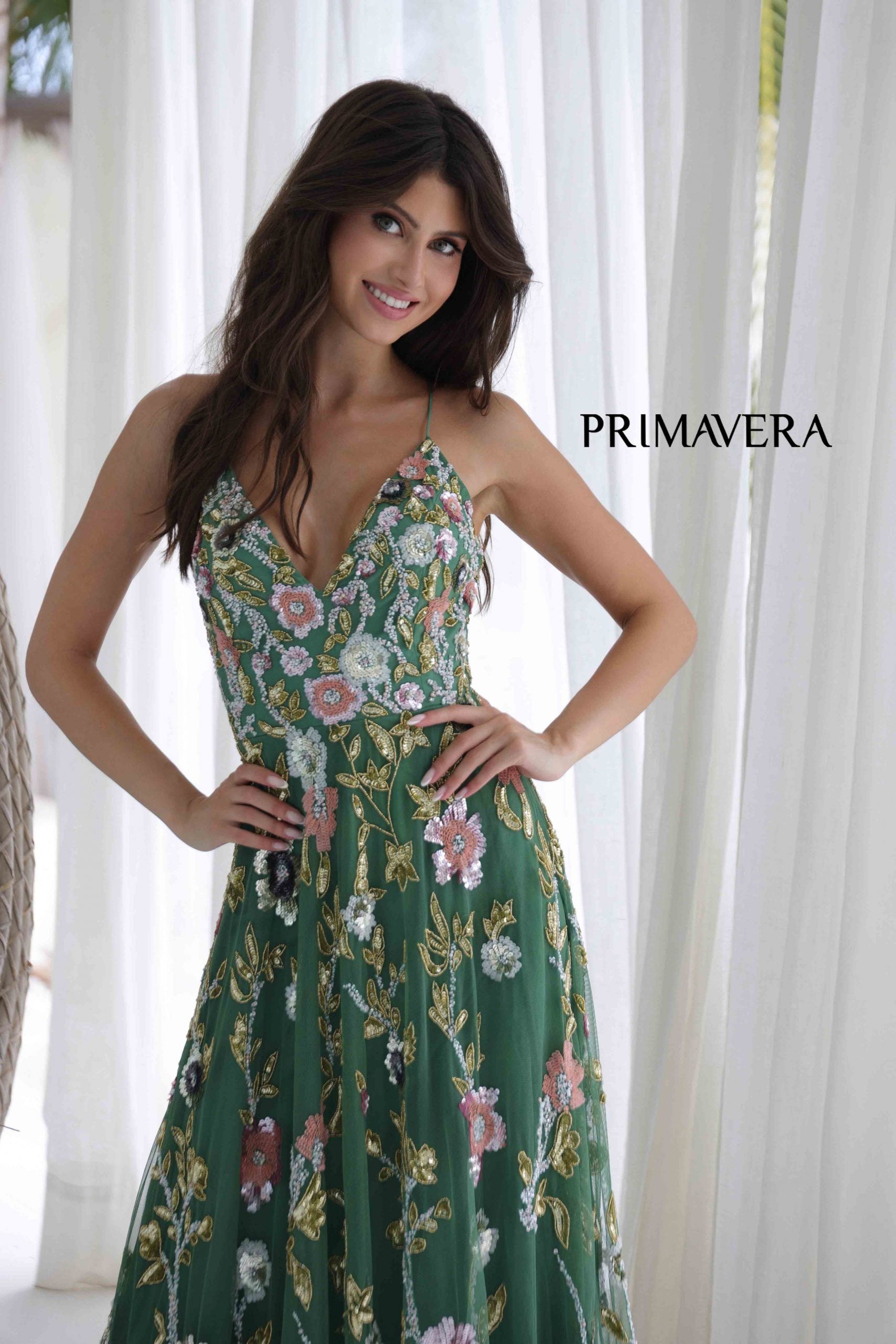 Primavera Couture 4378 Floral Sequin Long Formal Prom A Line Dress