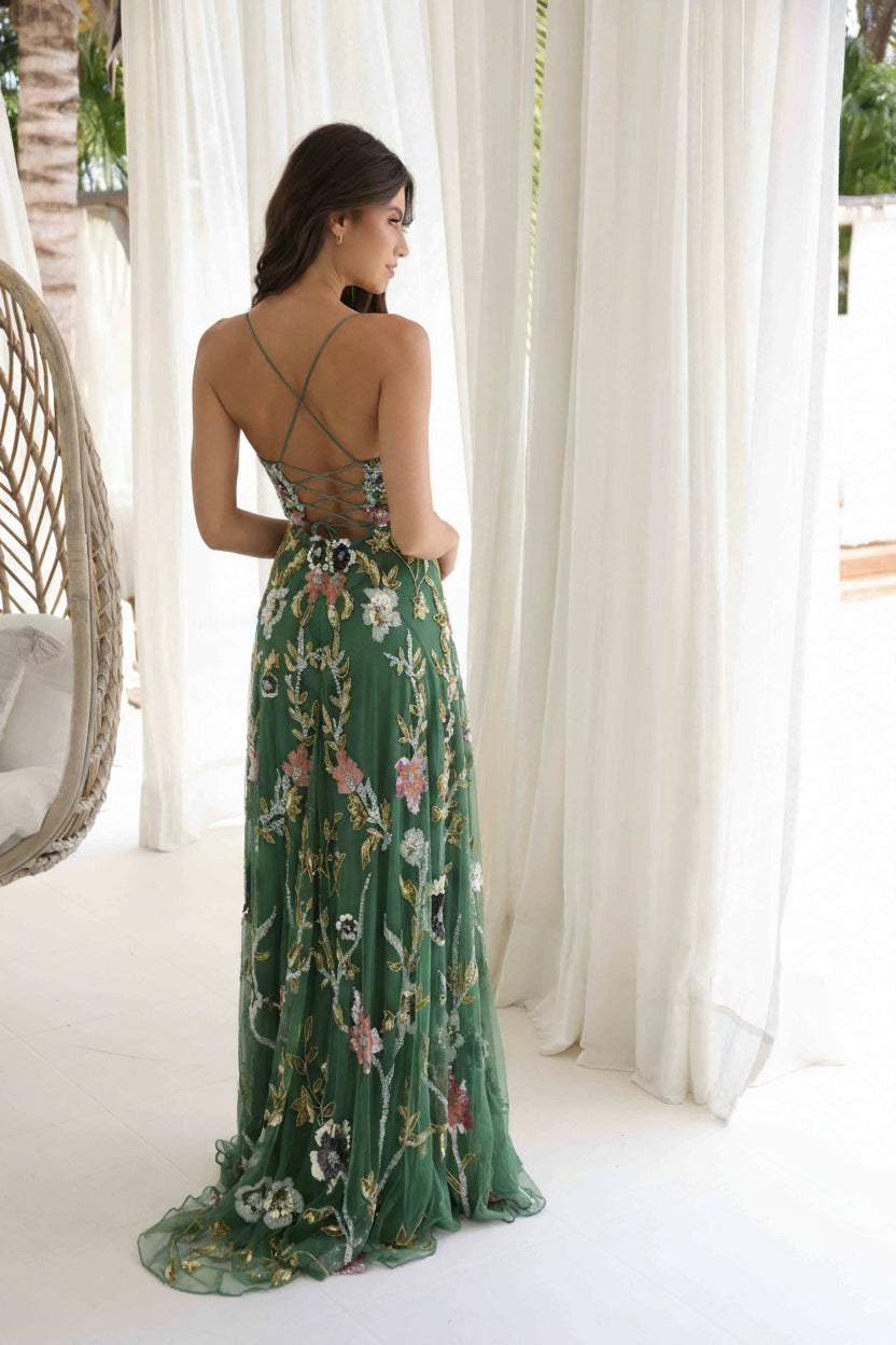 Prom Dresses Floral Sequin Long Formal Prom A Line Dress Sage Green
