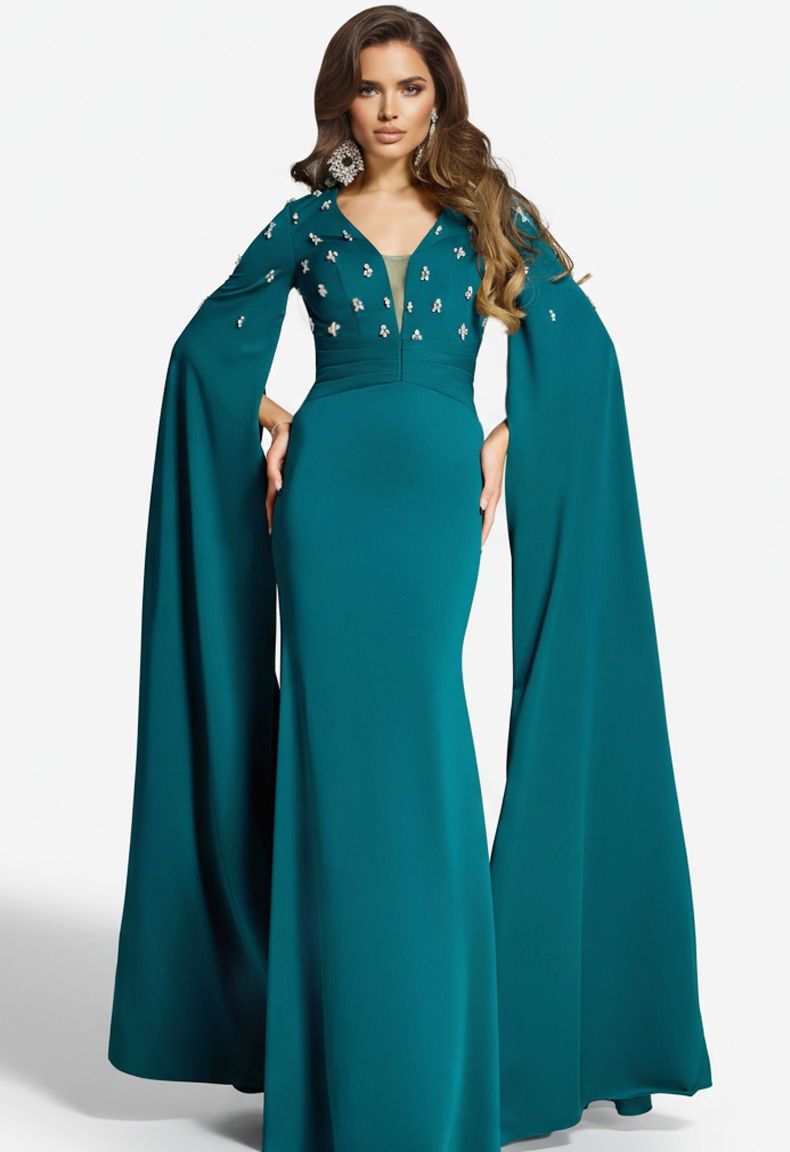 Formal Dresses Long Cape Sleeve Formal Dress Jovani 43830 Emerald