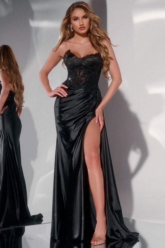 Prom Dresses Beaded Long Formal Fitted Lace Strapless Prom Dress Black