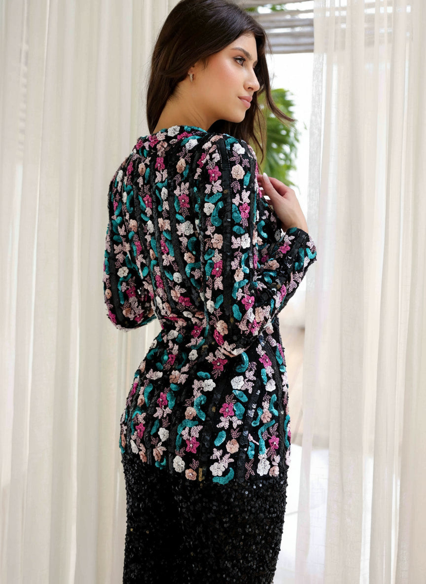 Jumpsuit Long Formal Floral Sequin Pantsuit Black Multi