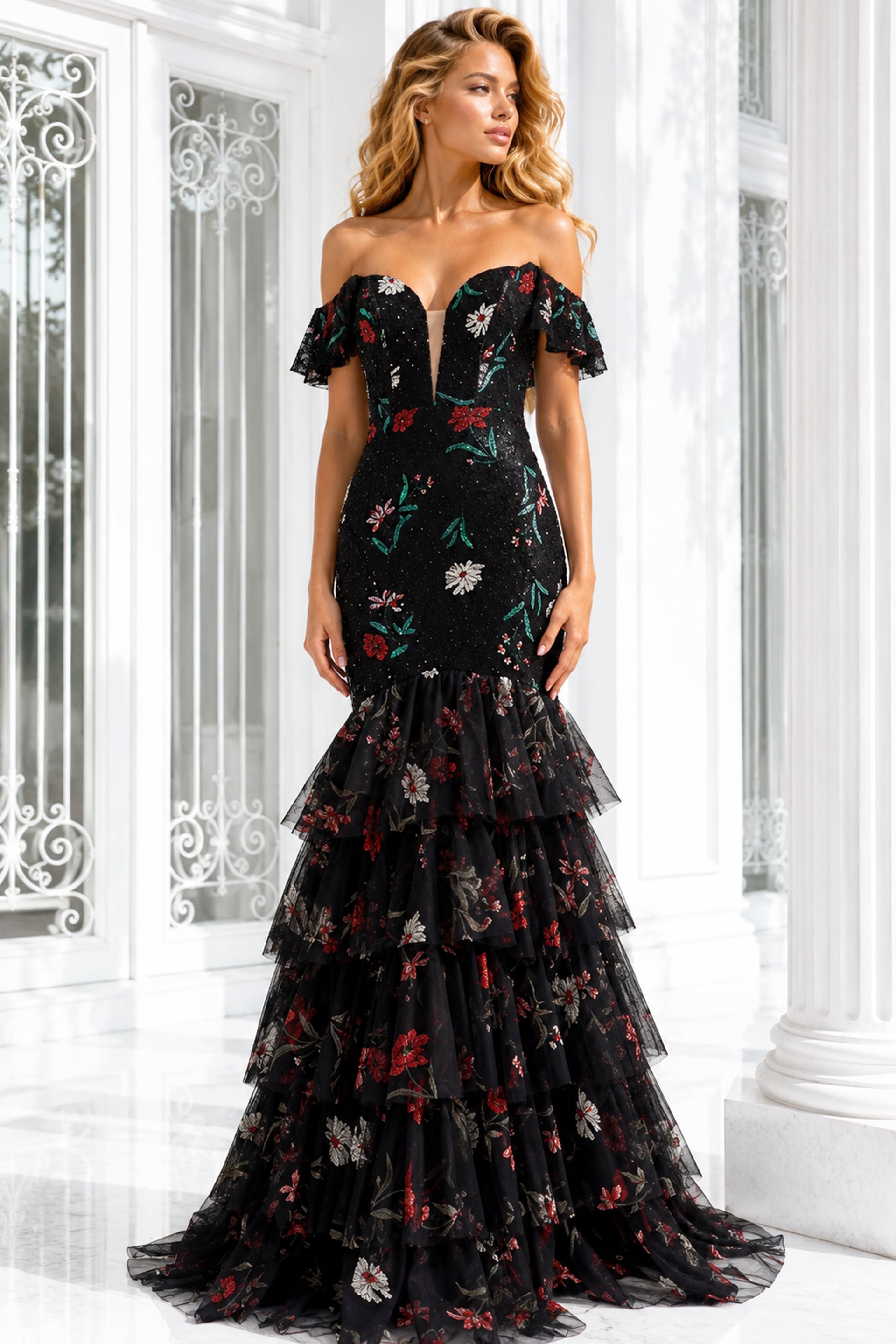 Off-the-Shoulder Floor-Length Floral Tulle Prom Dress Tiered Mermaid Gown Jovani 43941