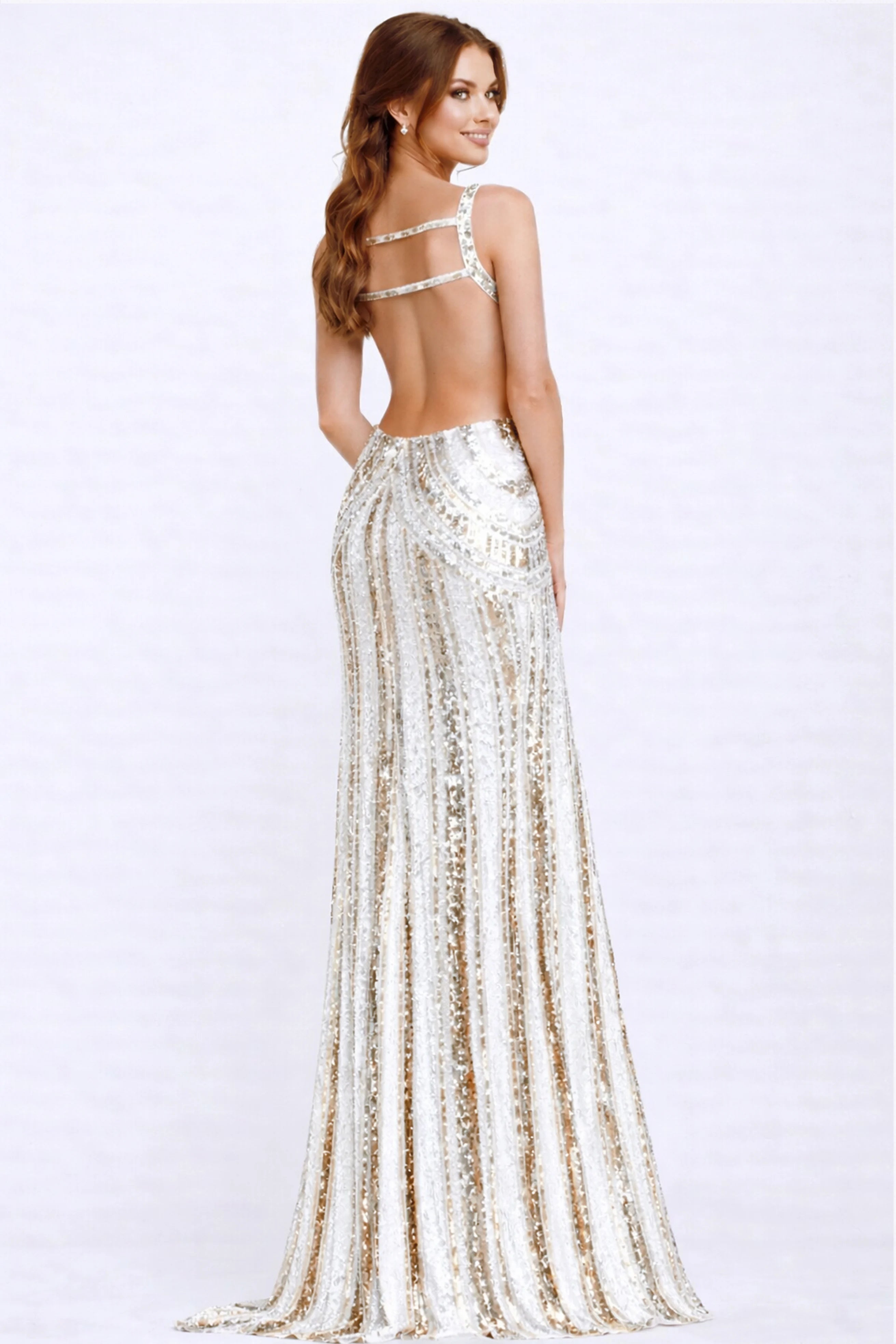 Prom Dresses Beaded Long Formal Sequin Prom Dress White/Gold