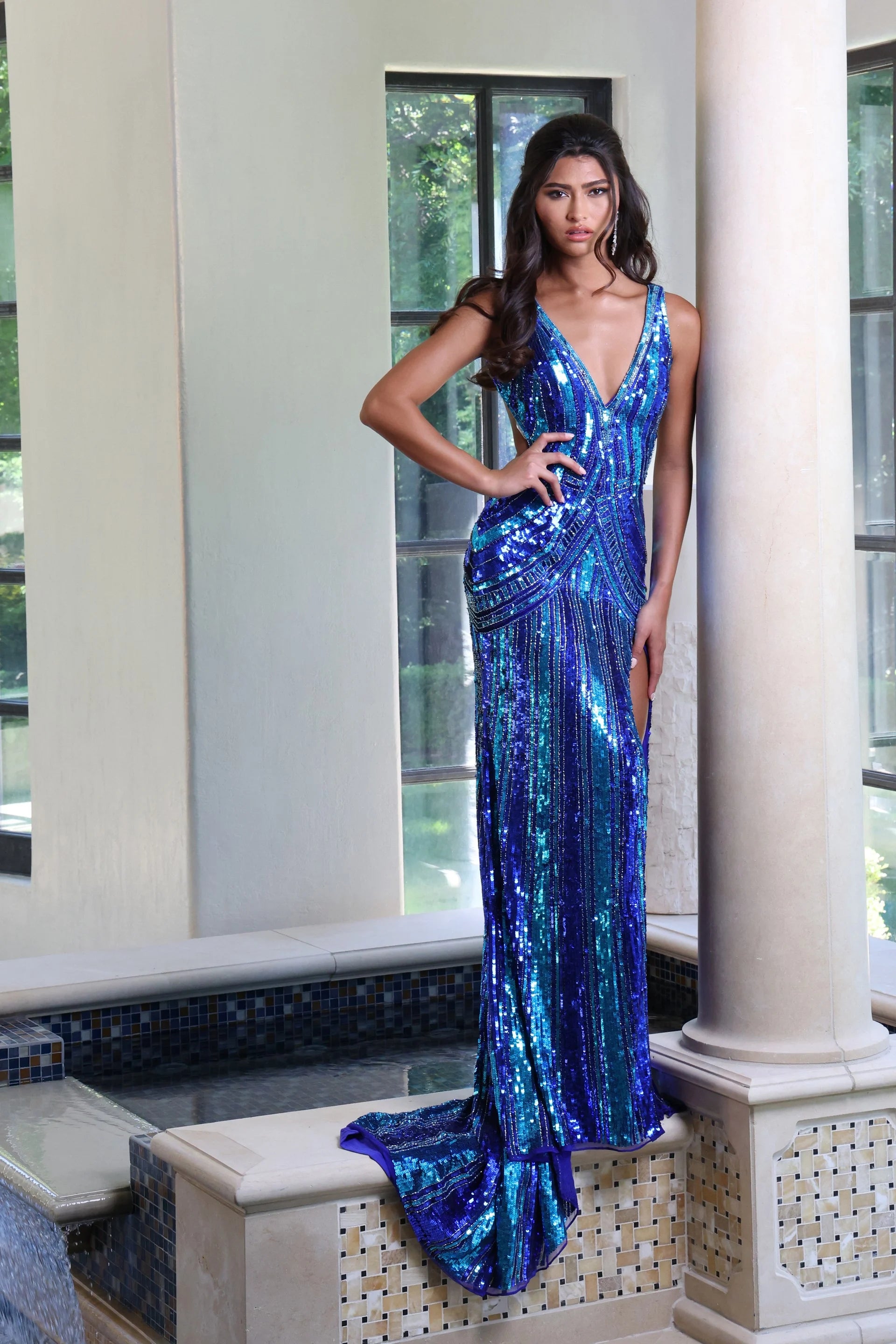 Prom Dresses Beaded Long Formal Sequin Prom Dress Royal/Blue Multi