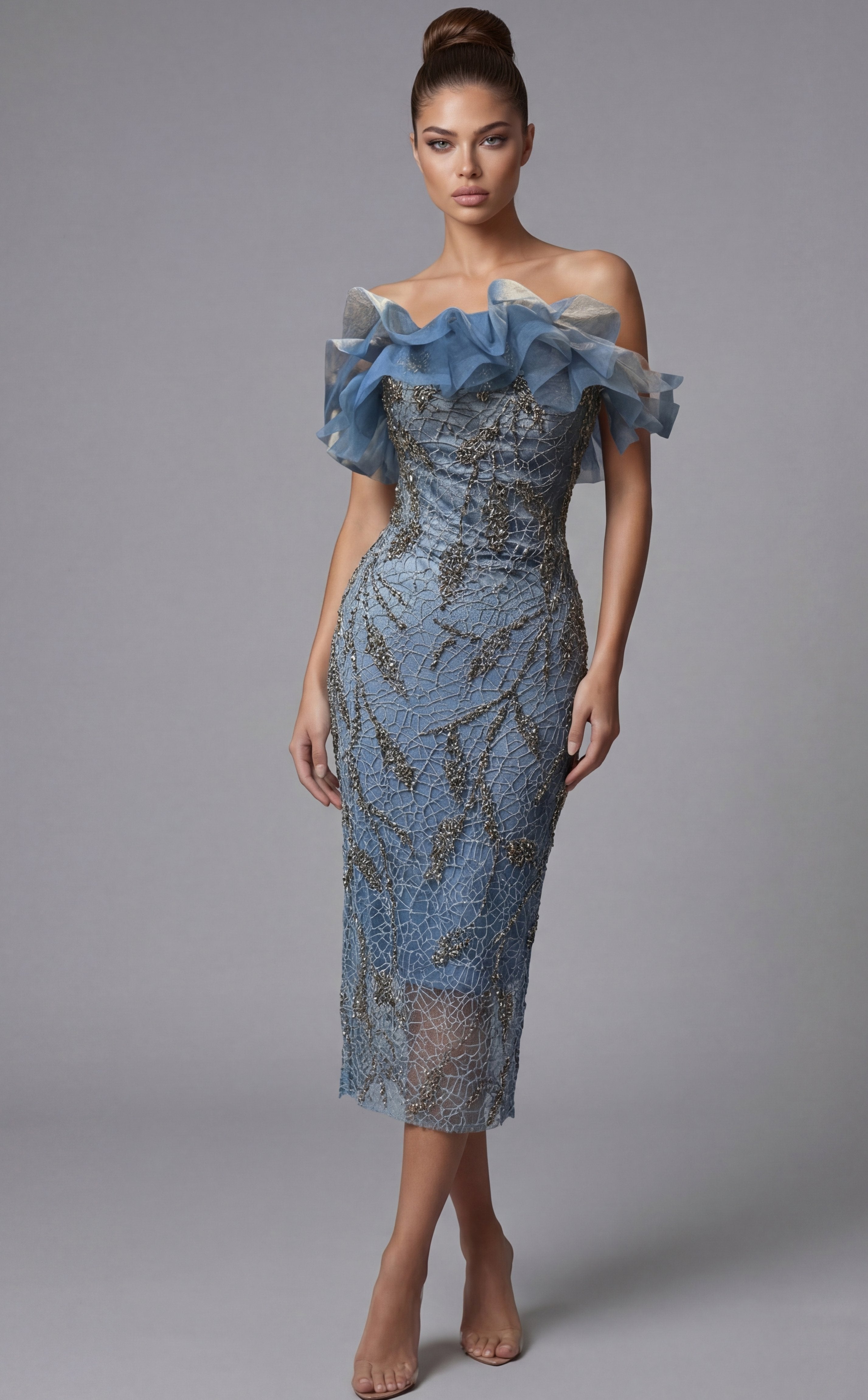 Off-the-Shoulder Midi Lace Cocktail Bodycon Jovani 44016