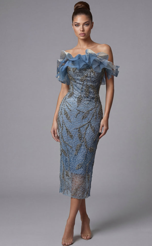 Off-the-Shoulder Midi Lace Cocktail Bodycon Jovani 44016