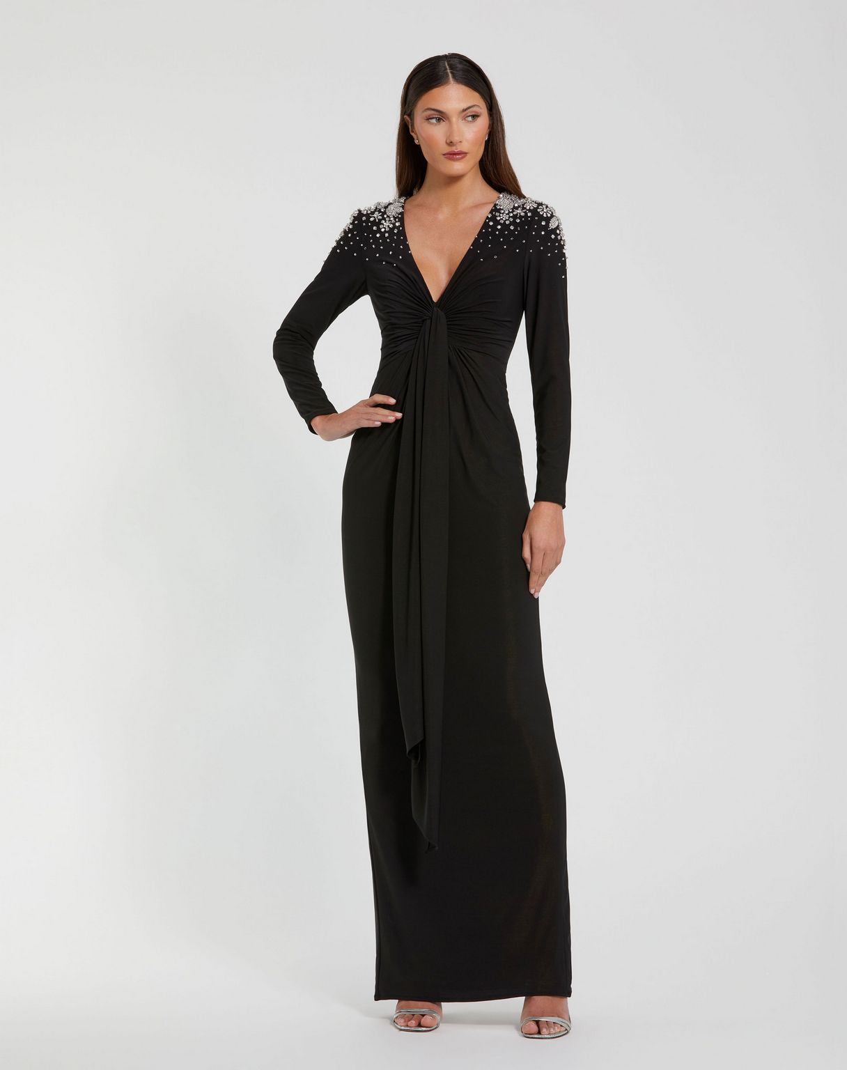 mac duggal long sleeve maxi dress Mac Duggal Emerald Pleated Long Sleeve V-Neck Gown, Size 10, Emerald