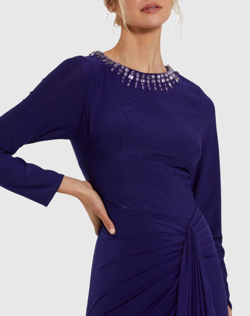 Mac Duggal 44069 Beaded Long Sleeve Fitted Prom Formal Dress