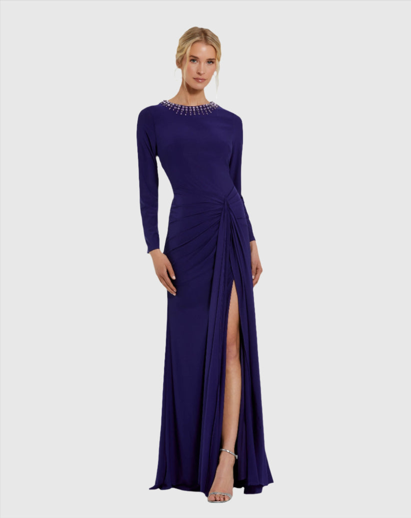 Mac Duggal 44069 Beaded Long Sleeve Fitted Prom Formal Dress