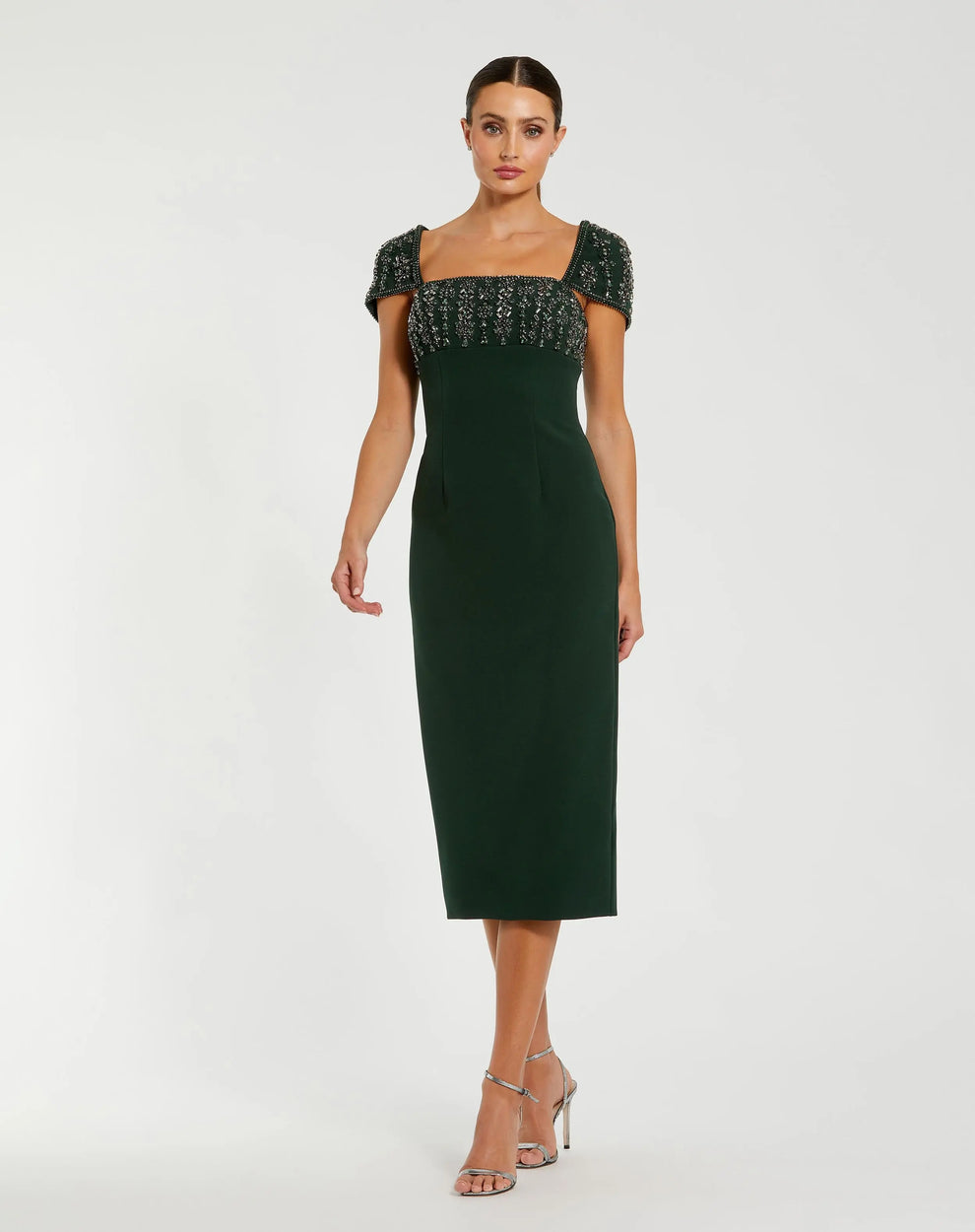 Mac Duggal Women's Crepe Embellished Cap Sleeve Fitted Midi Dress - Green - Size 10 - Dark Emerald Mac Duggal Women's Crepe Embellished Cap Sleeve Fitted Midi Dress - Green - Size 10 - Dark Emerald