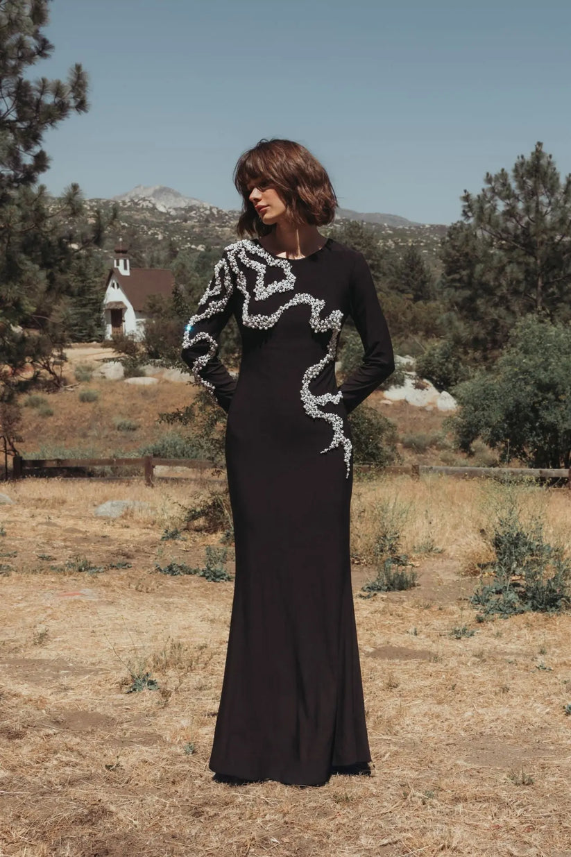 Mother of the Bride Dresses Fitted Long Sleeve Beaded Formal Evening Gown Black
