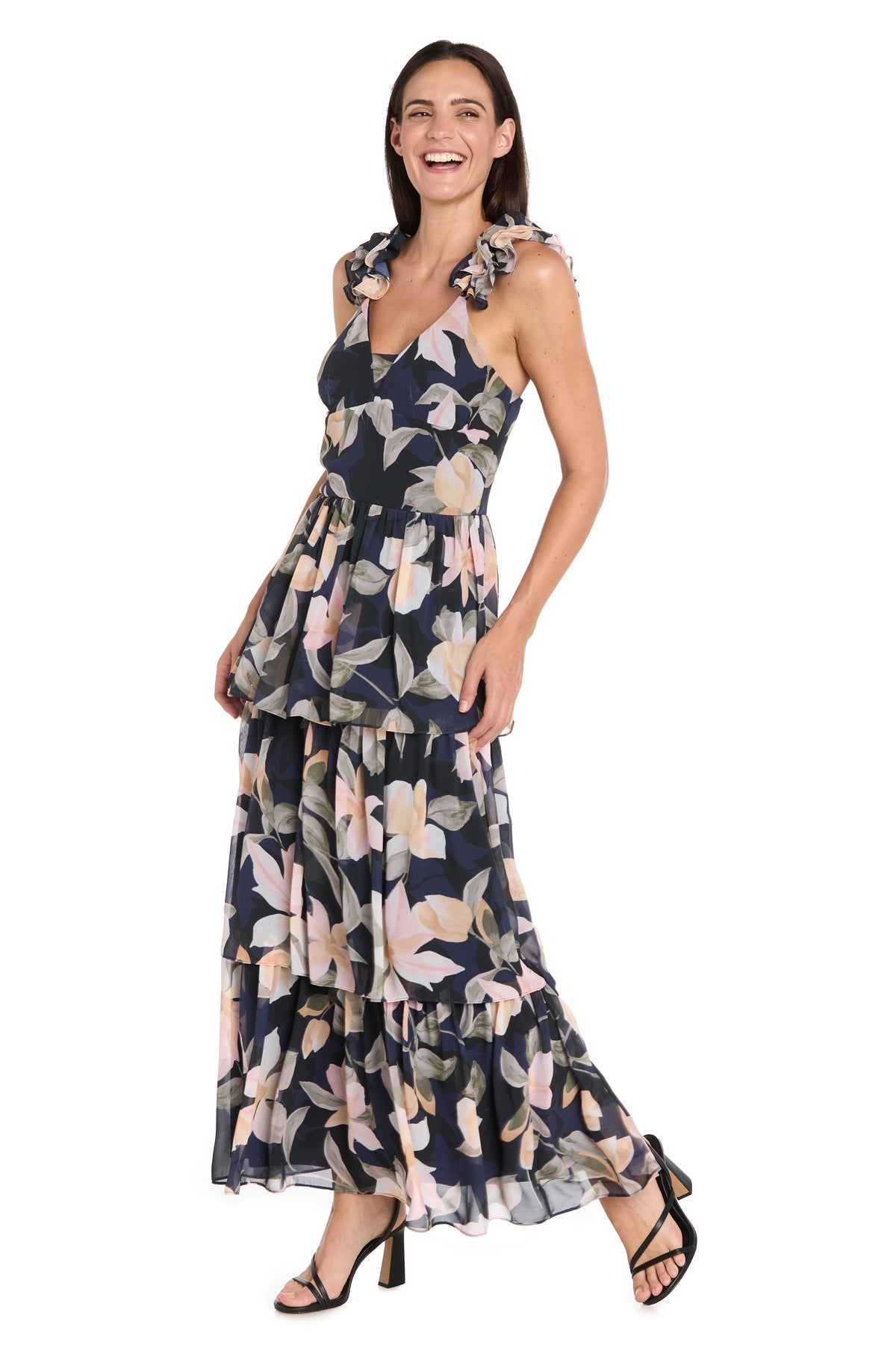 Formal Dresses Long Ruffle Floral Formal Evening Dress R&M Richards 4409 Navy/Multi