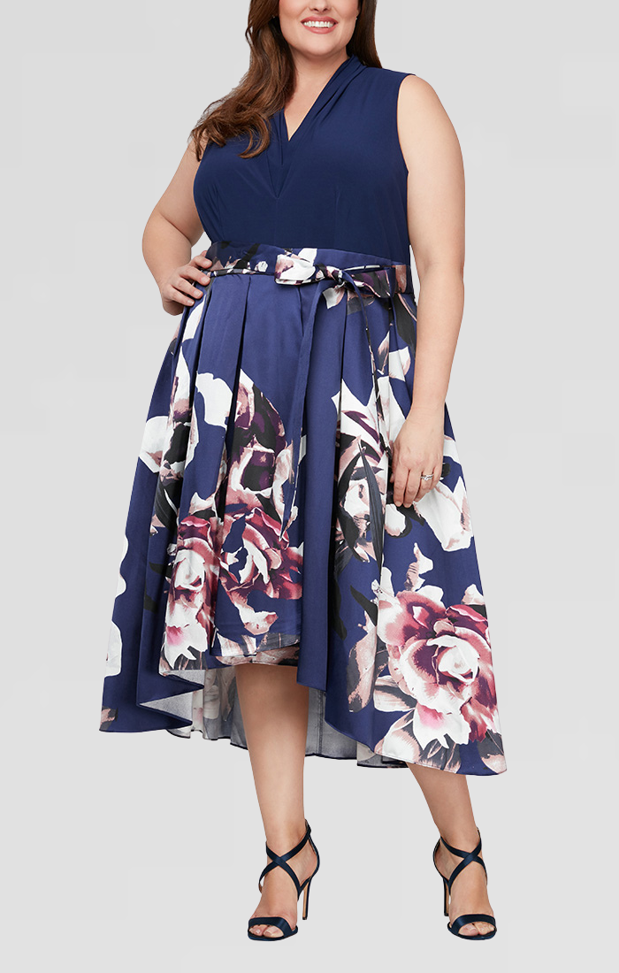 Navy Multi Scoop High Low Chiffon Cocktail Dress with Floral Print SL Fashions 9459236