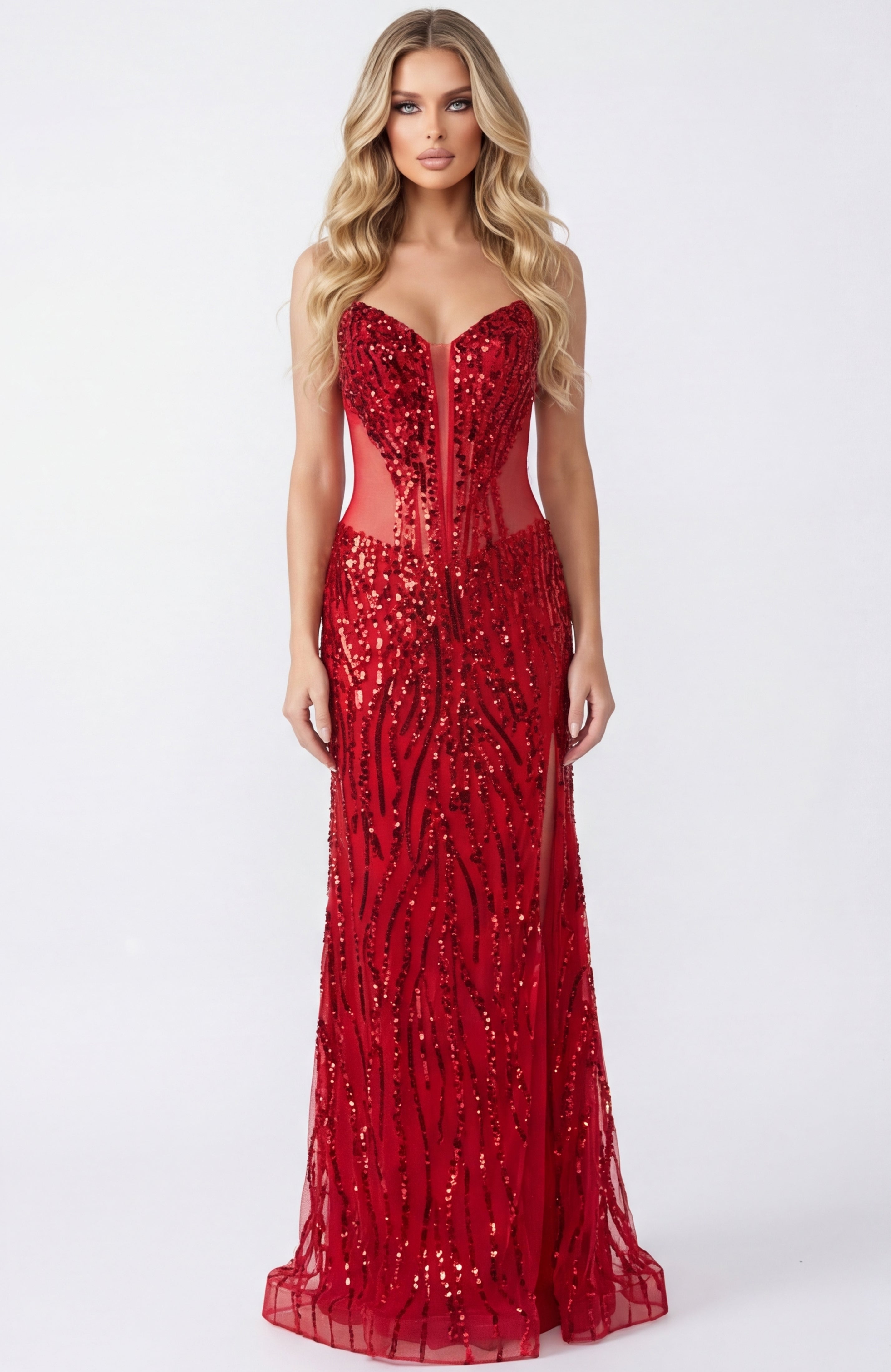 Red/Red Strapless Sweetheart Neckline Floor-Length Sequin Prom Dress with High Slit Prom Gown Jovani 44100