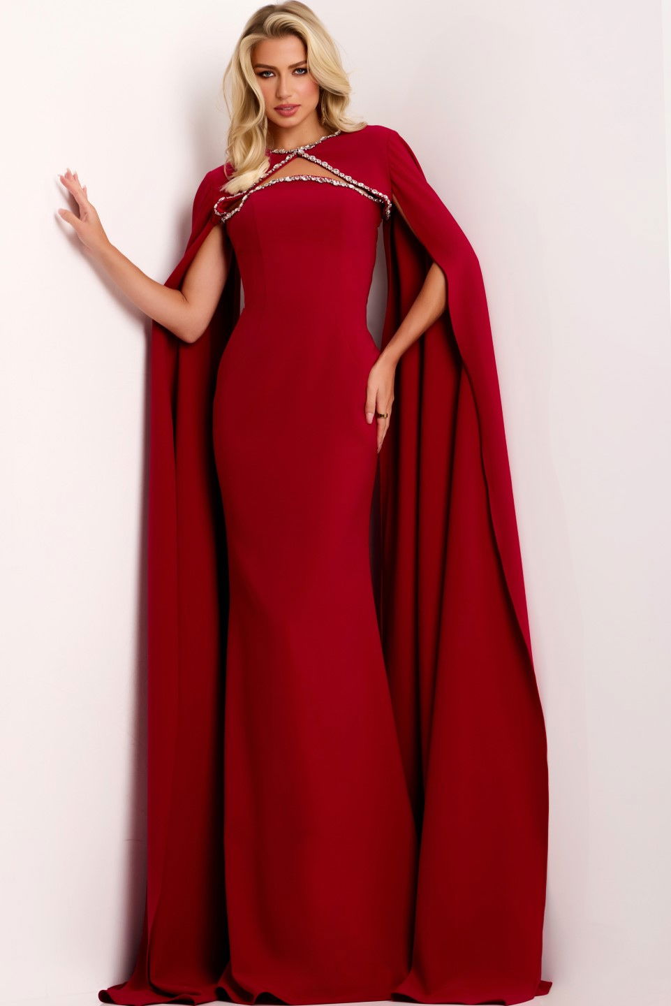 Prom Dresses Long Formal Cape Prom Fitted Dress Jovani 44184 Cranberry
