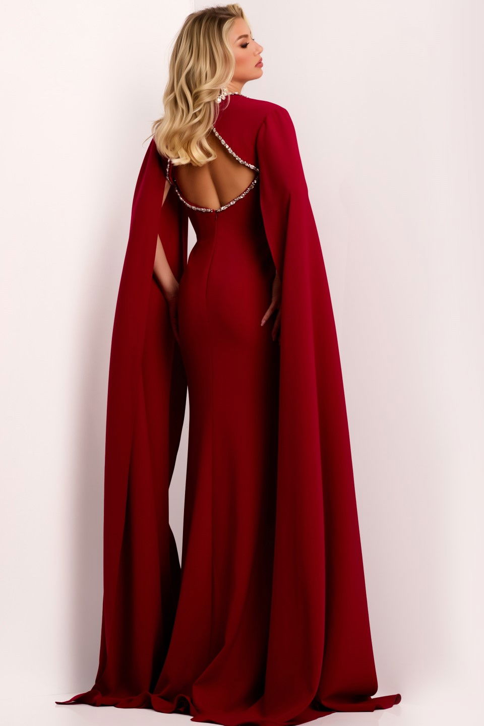 Prom Dresses Long Formal Cape Prom Fitted Dress Jovani 44184 Cranberry