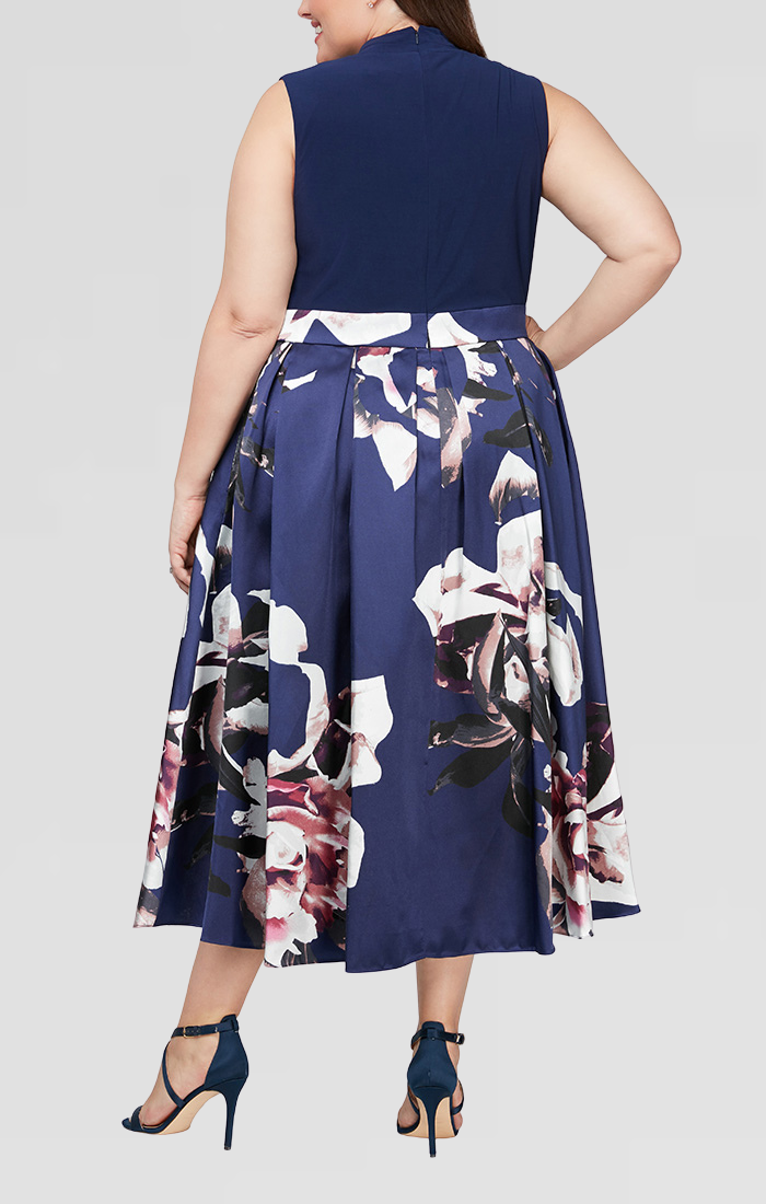 Navy Multi Scoop High Low Chiffon Cocktail Dress with Floral Print SL Fashions 9459236