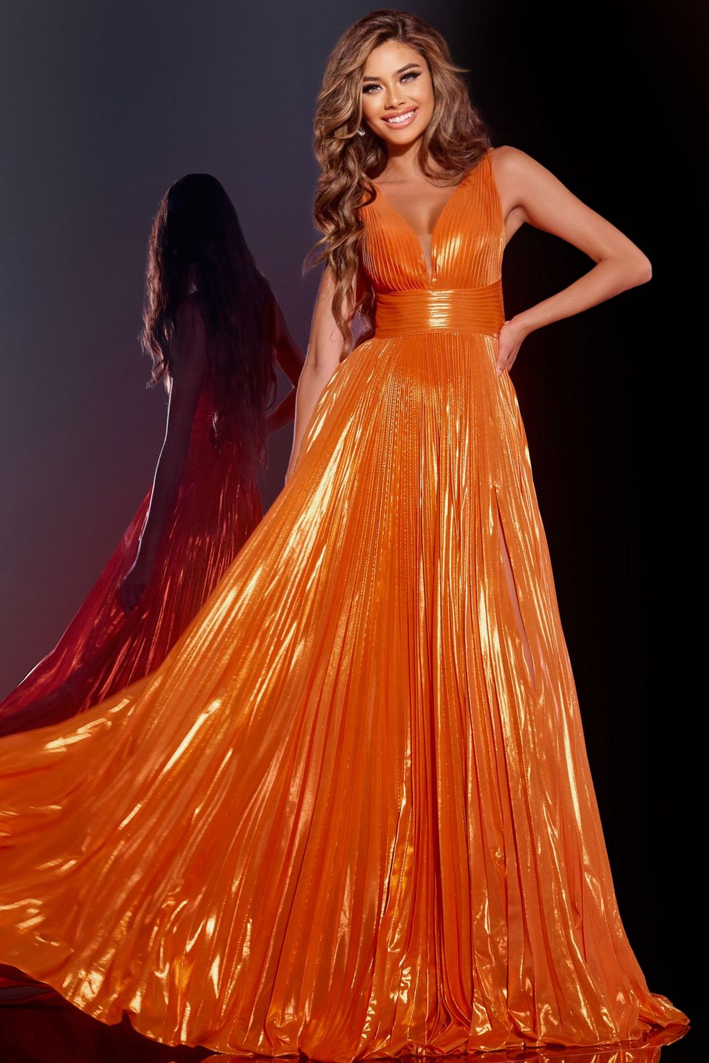 Jovani 44230 Long Pleated A Line Formal Prom Dress - Orange / 20 Jovani 44230 Long Pleated A Line Formal Prom Dress - Orange / 20