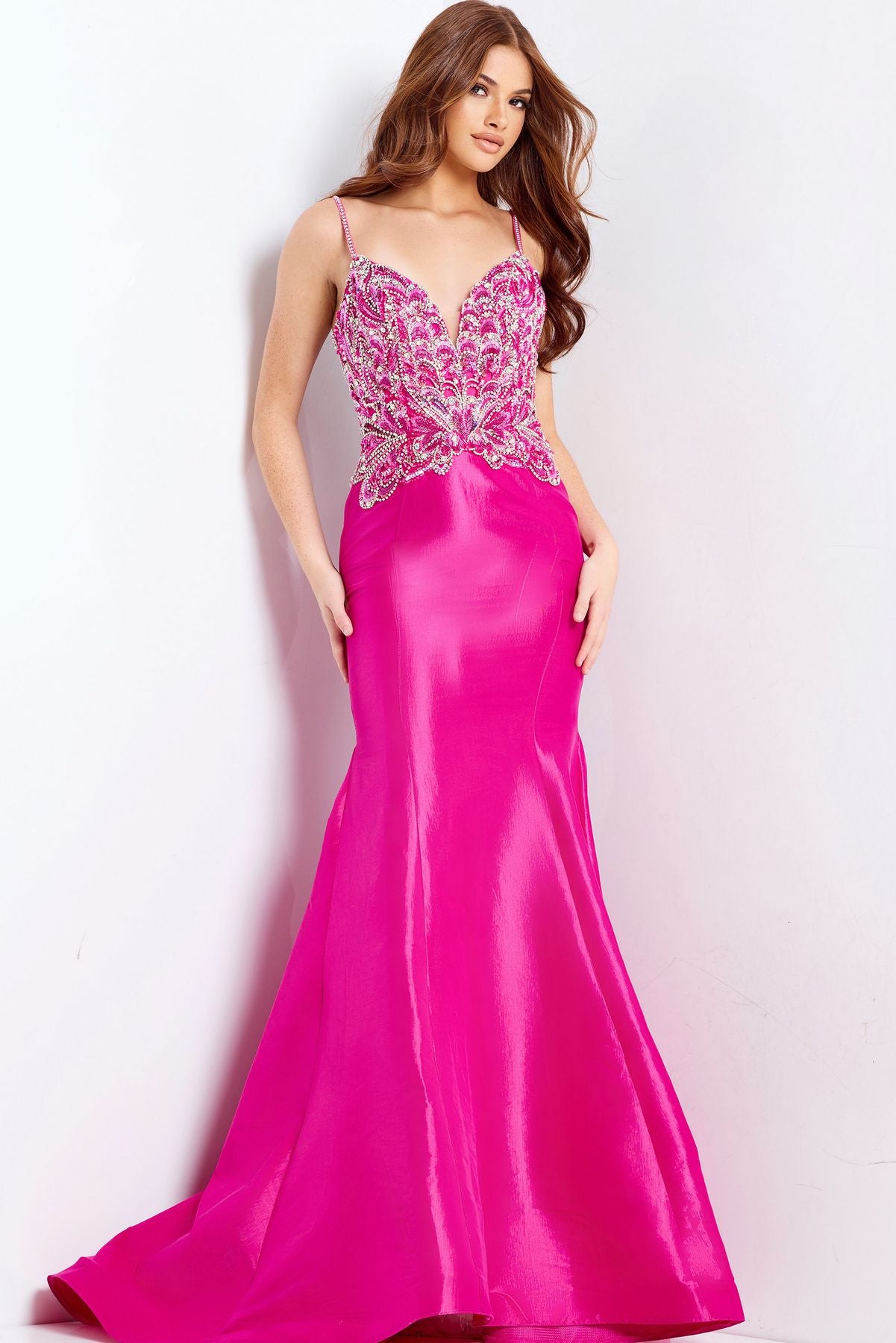 Prom Dresses A Line Formal Long Mermaid Beaded Prom Dress Hot-Pink