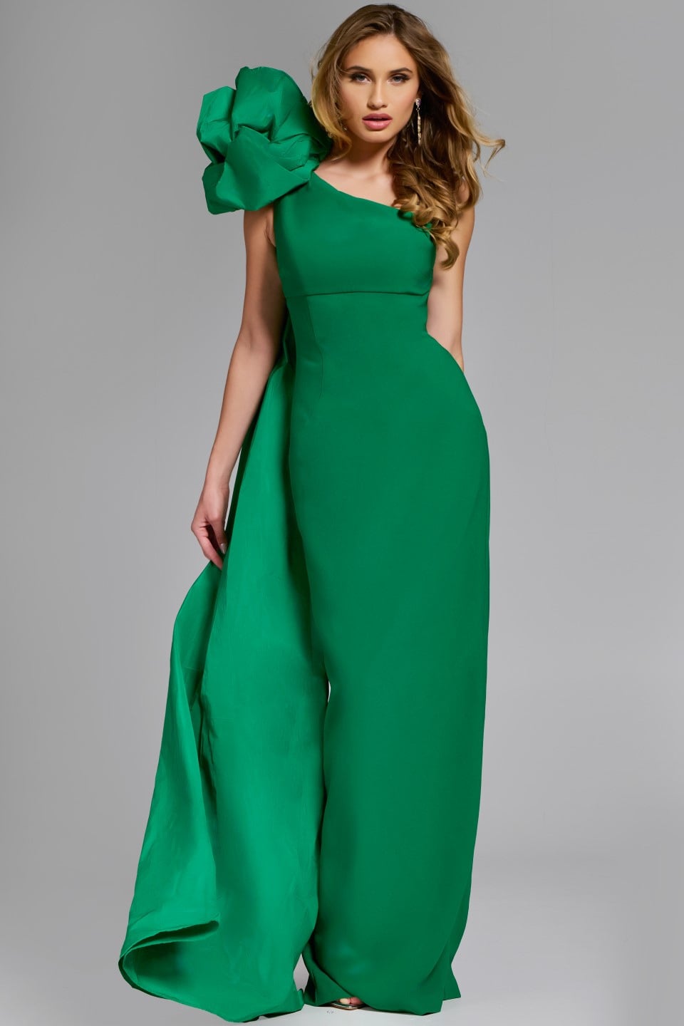 Emerald One-Shoulder Floor-Length Silk Crepe Evening Gown with Dramatic Floral Detail Formal Prom Dress Jovani 44248