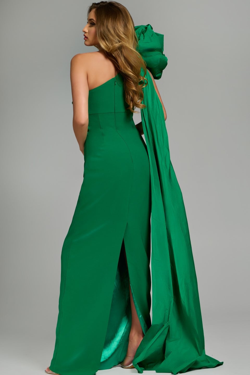 Emerald One-Shoulder Floor-Length Silk Crepe Evening Gown with Dramatic Floral Detail Formal Prom Dress Jovani 44248