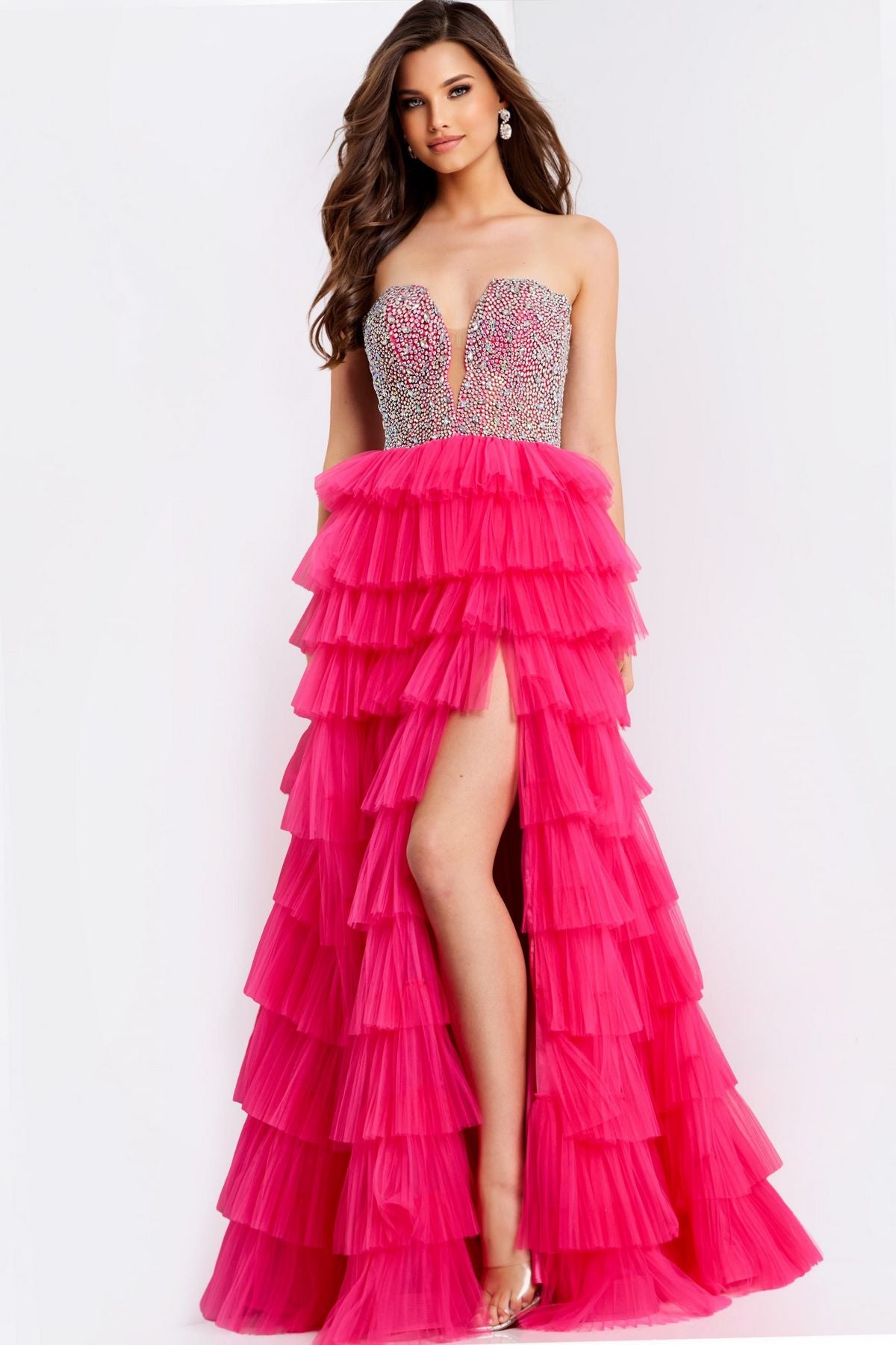 Prom Dresses Long Beaded Formal Ruffle Sequin Evening Prom Dress Fuchsia