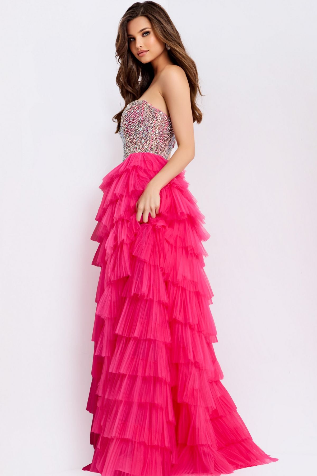 Prom Dresses Long Beaded Formal Ruffle Sequin Evening Prom Dress Fuchsia
