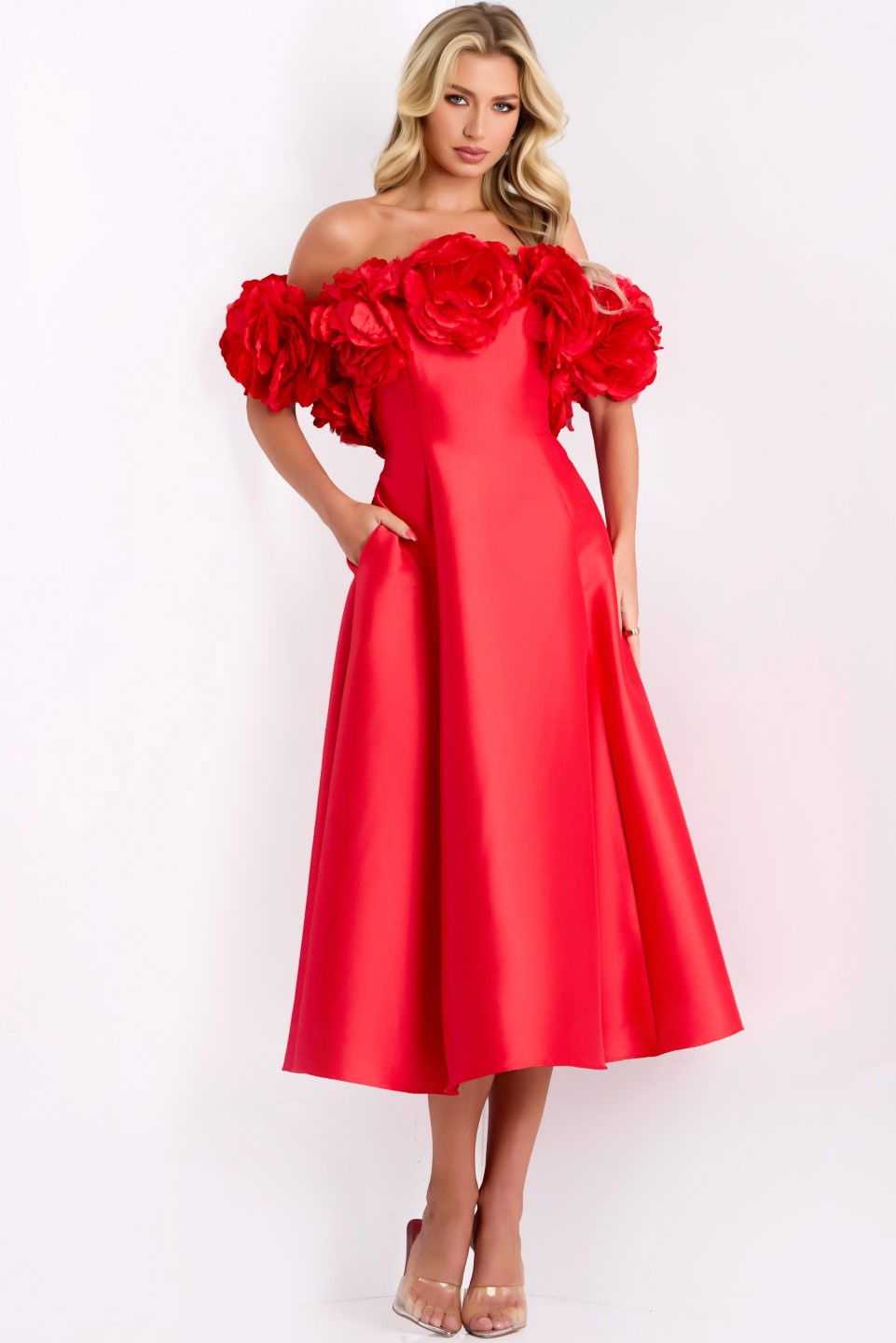 Cocktail Dresses Short 3D Floral Midi A Line Cocktail Dress Jovani 44179 Red