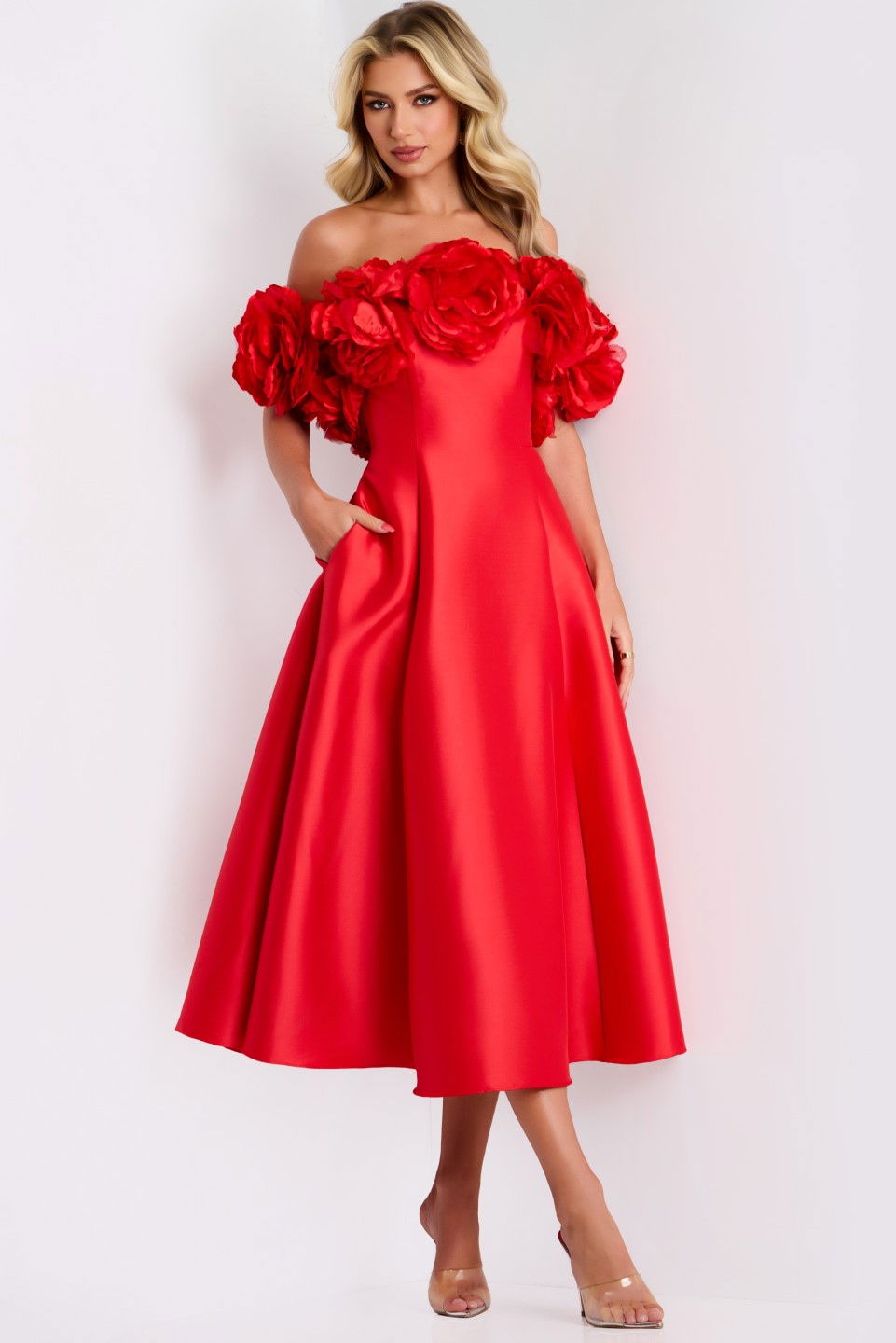 Cocktail Dresses Short 3D Floral Midi A Line Cocktail Dress Jovani 44179 Red