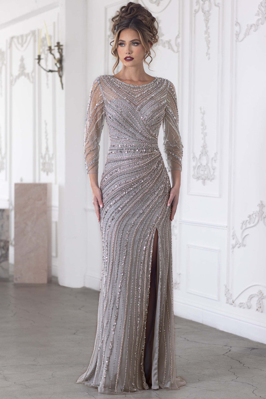 Mother of the Bride Dresses Long Formal Mother of the Bride Beaded Long Sleeve Dress Lenovia 8383 Silver