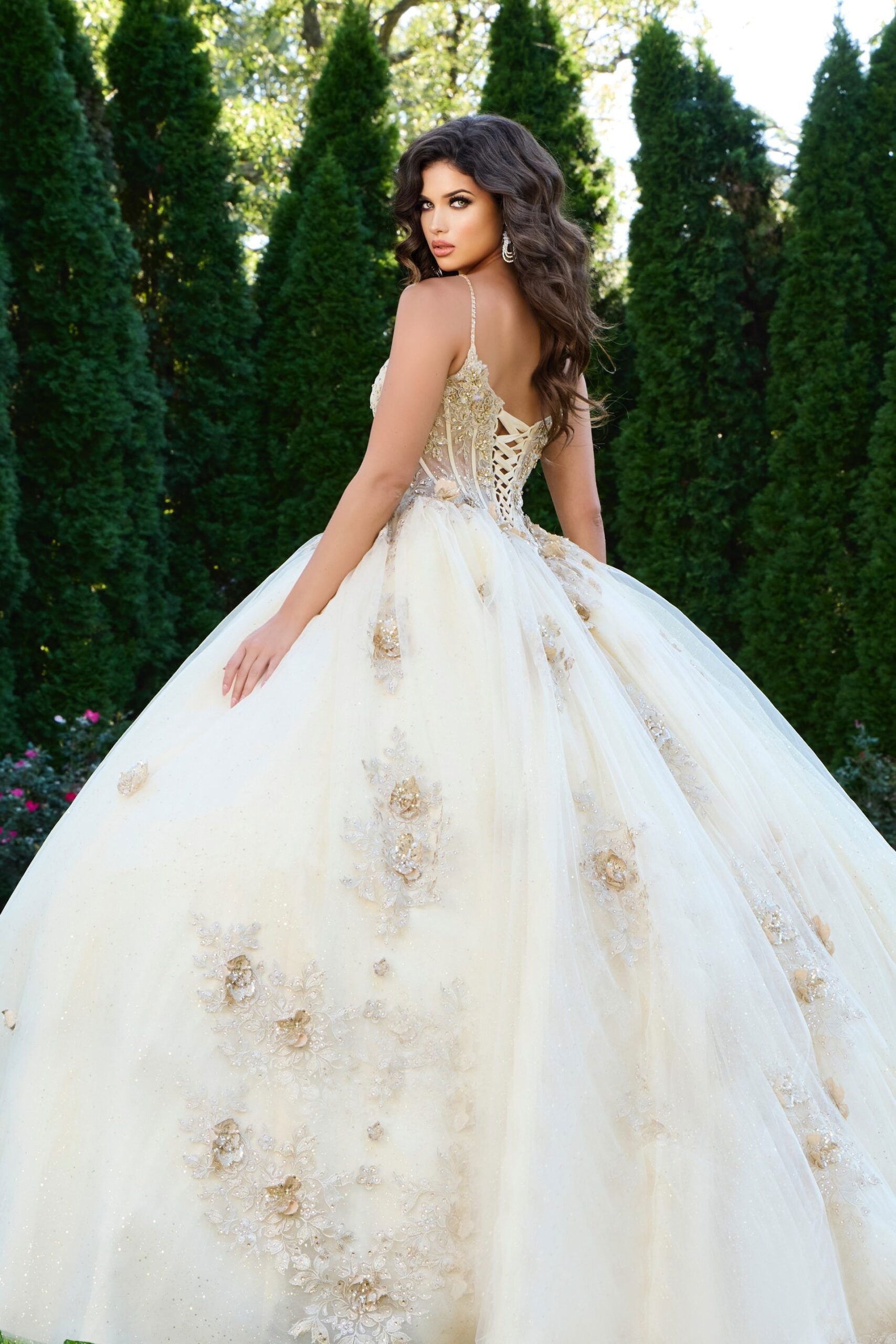 Quinceniera Dresses Long Corset Ball Gown Lace Beaded Floral Applique Quinceanera Dress Jovani Q44559 Champagne