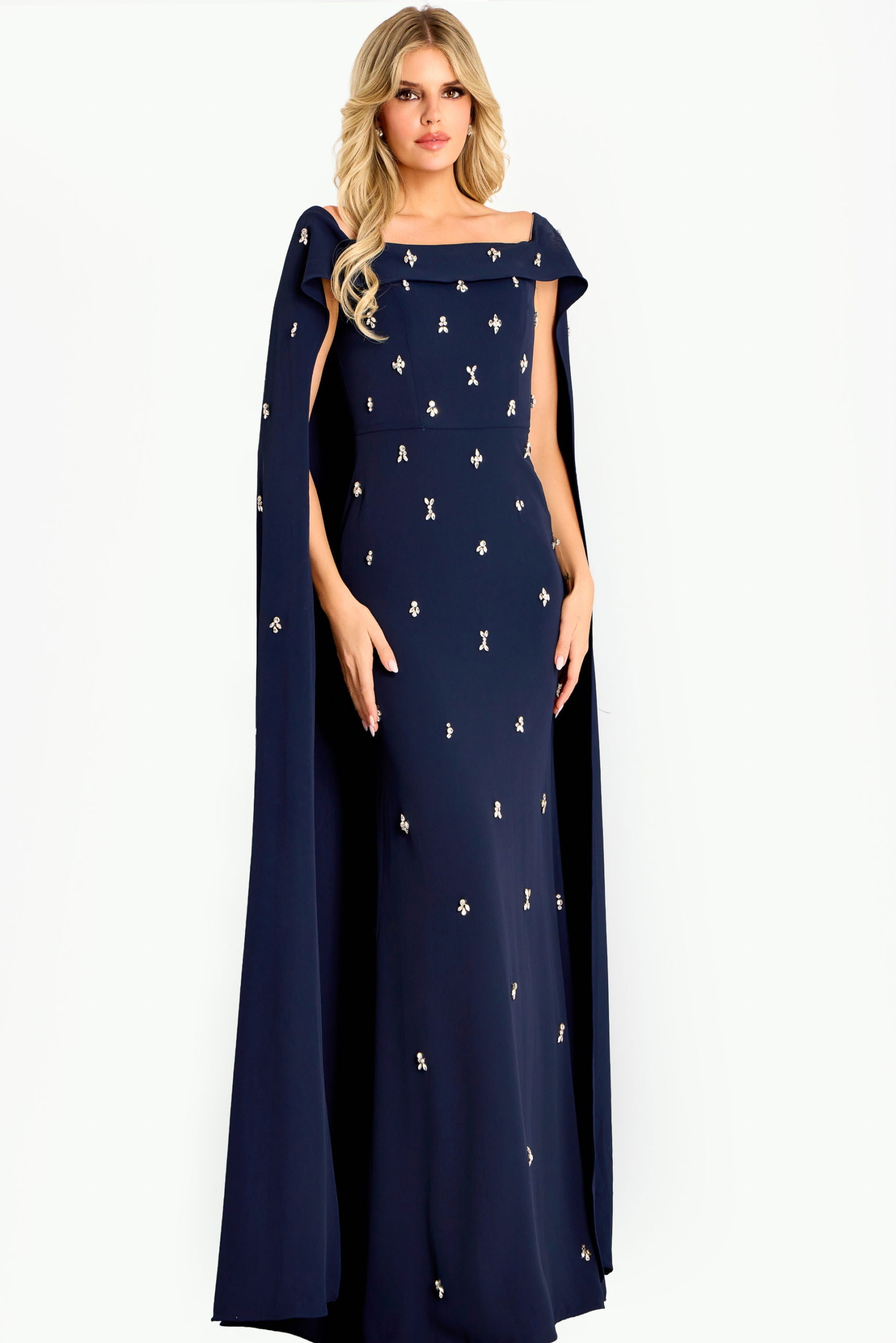 Formal Dresses Long Beaded Cape Sleeve Prom Formal Dress Jovani 44575 Navy